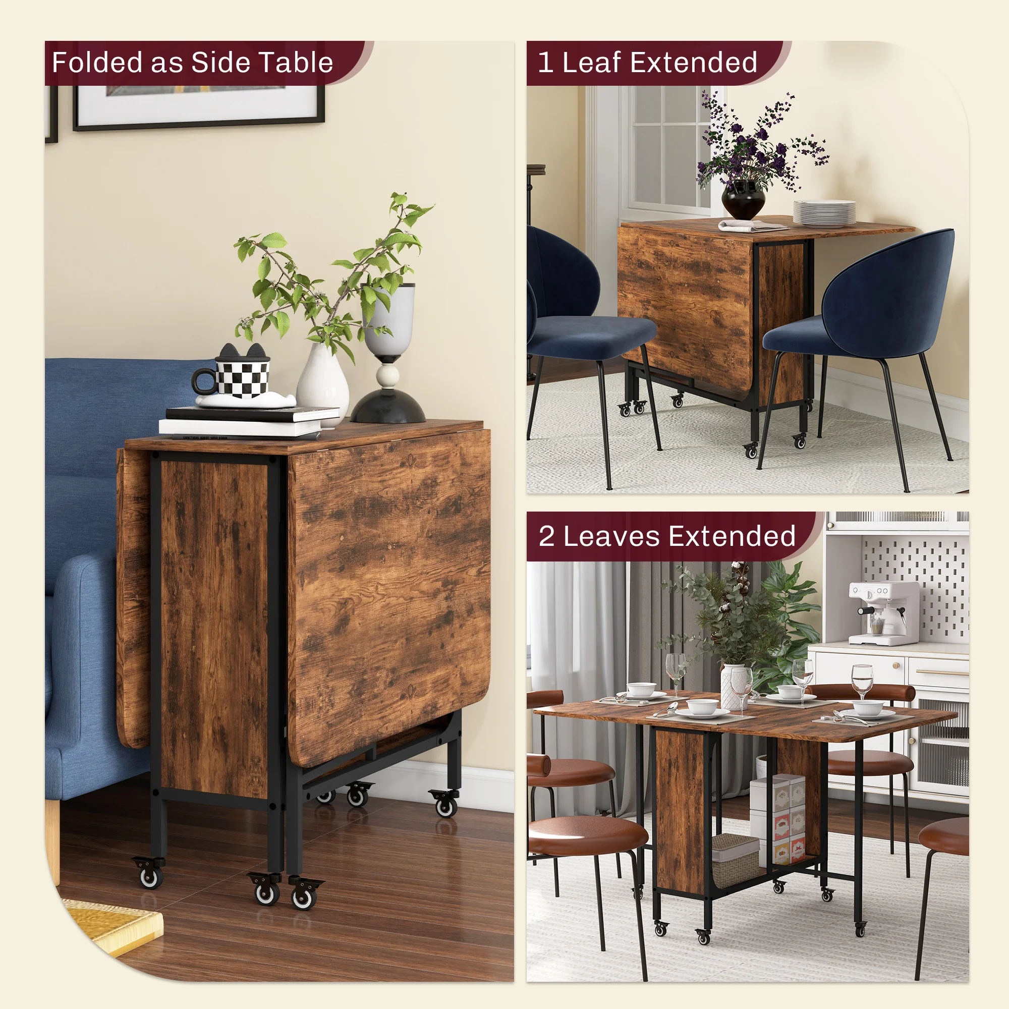 HOMCOM Mobile Drop Leaf Dining Table On Wheels With Storage Shelf Rustic Brown - Image 3