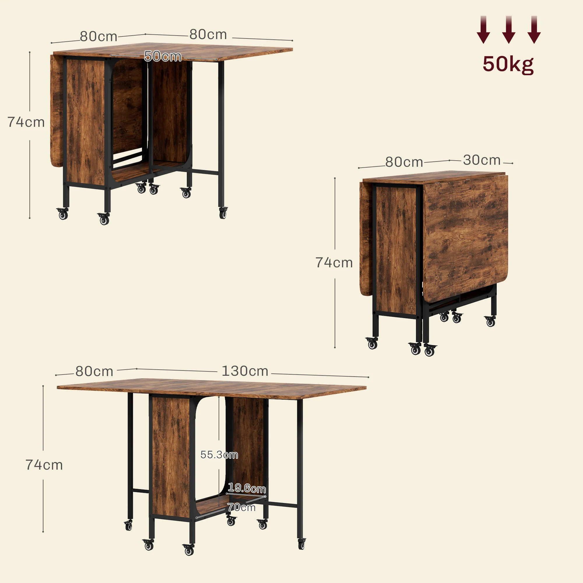 HOMCOM Mobile Drop Leaf Dining Table On Wheels With Storage Shelf Rustic Brown - Image 5