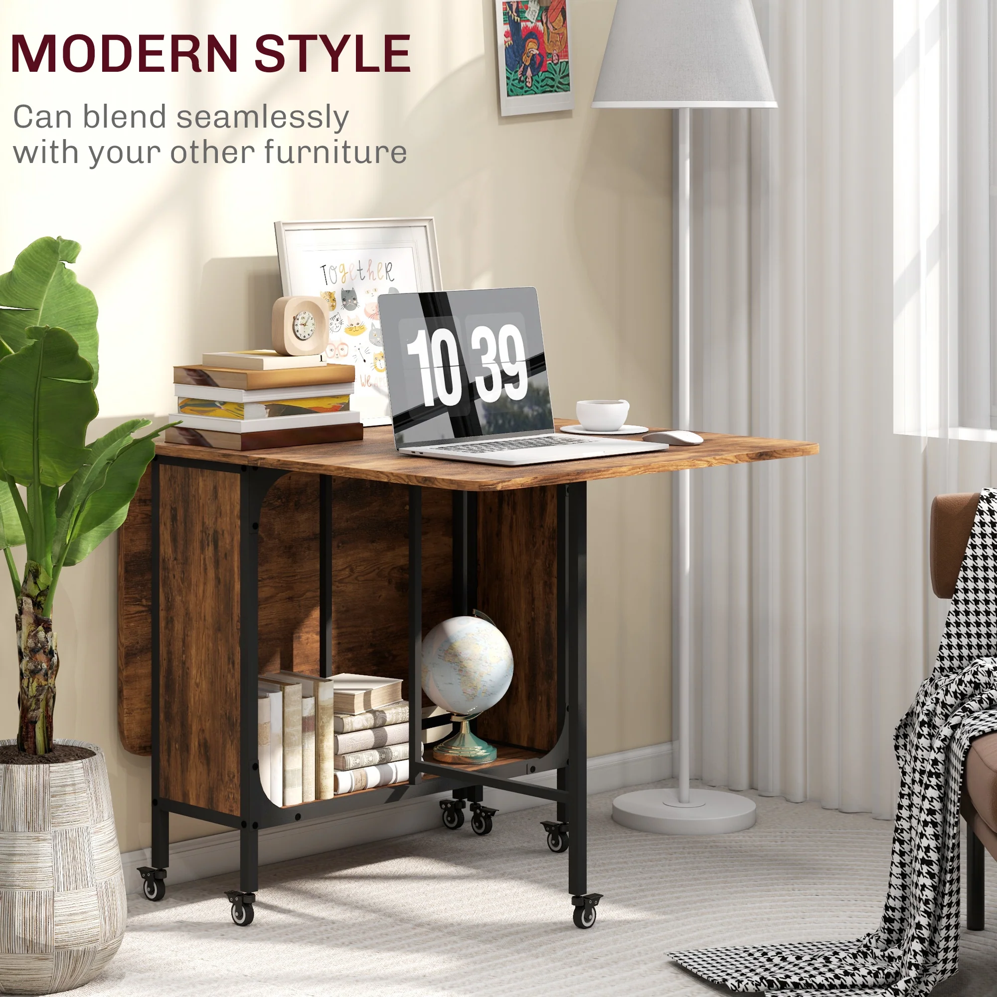 HOMCOM Mobile Drop Leaf Dining Table On Wheels With Storage Shelf Rustic Brown - Image 7
