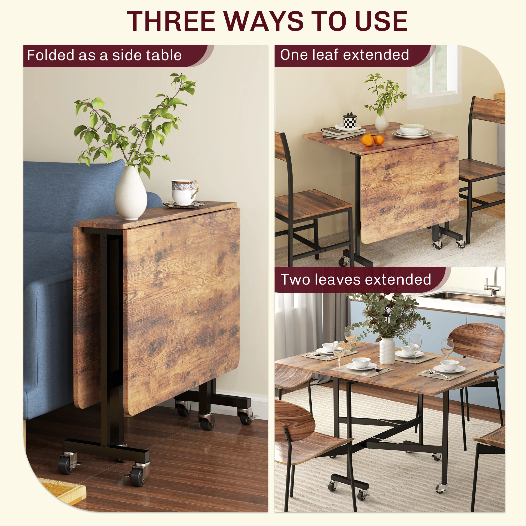 HOMCOM Mobile Drop Leaf Table, Folding Kitchen Table with 6 Wheels - Image 12