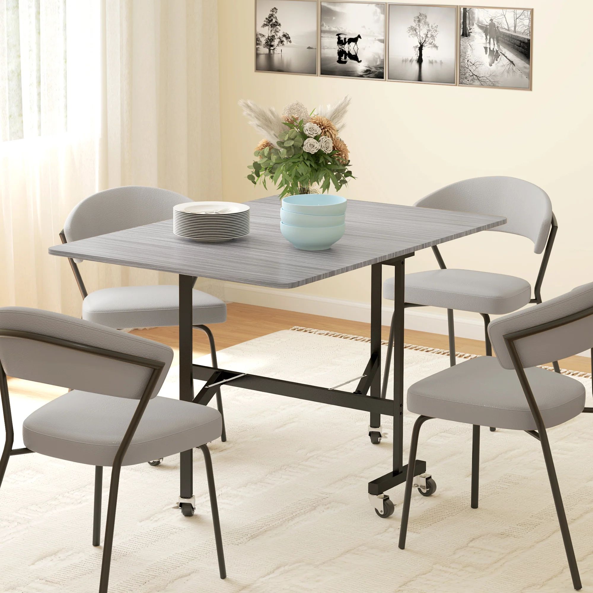 HOMCOM Mobile Drop Leaf Table, Folding Kitchen Table with 6 Wheels - Image 2