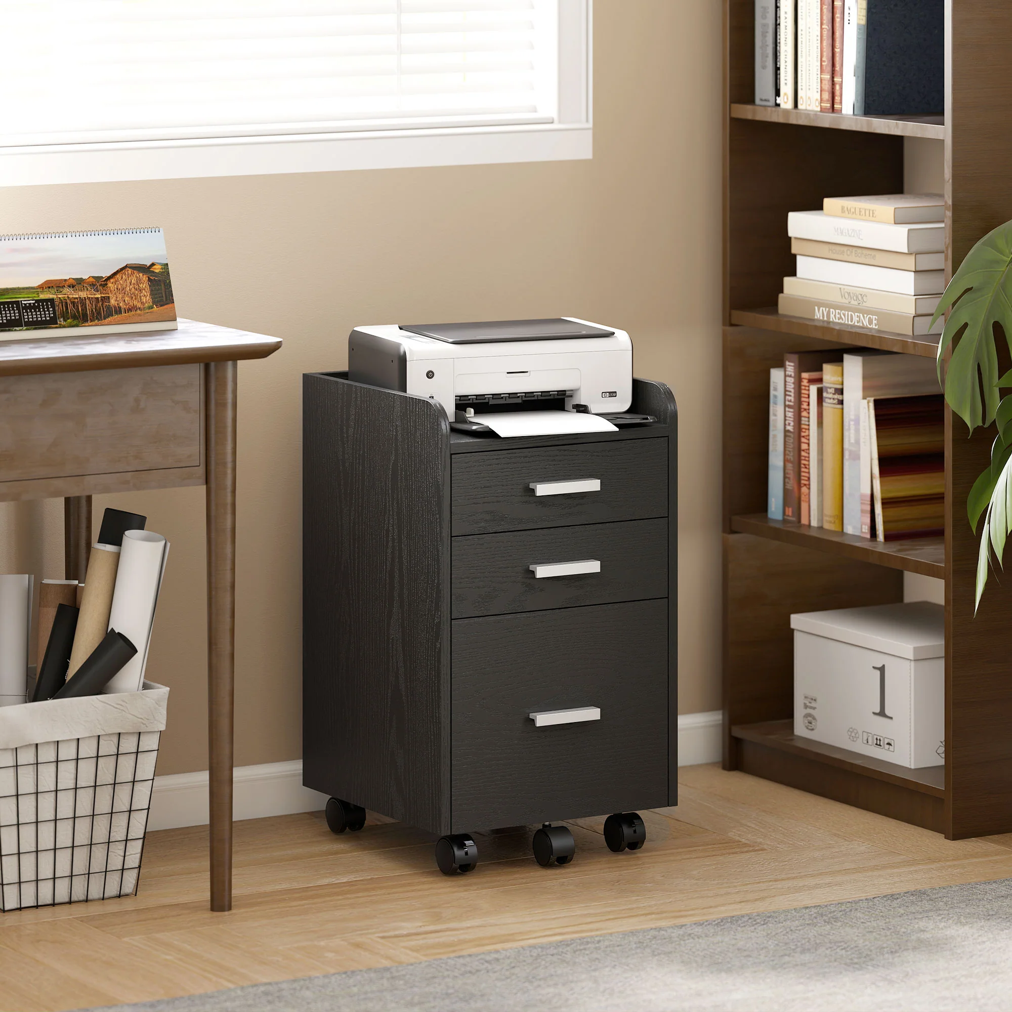 HOMCOM Mobile Filing Cabinet, File Cabinet with 3 Drawers, Black - Image 2