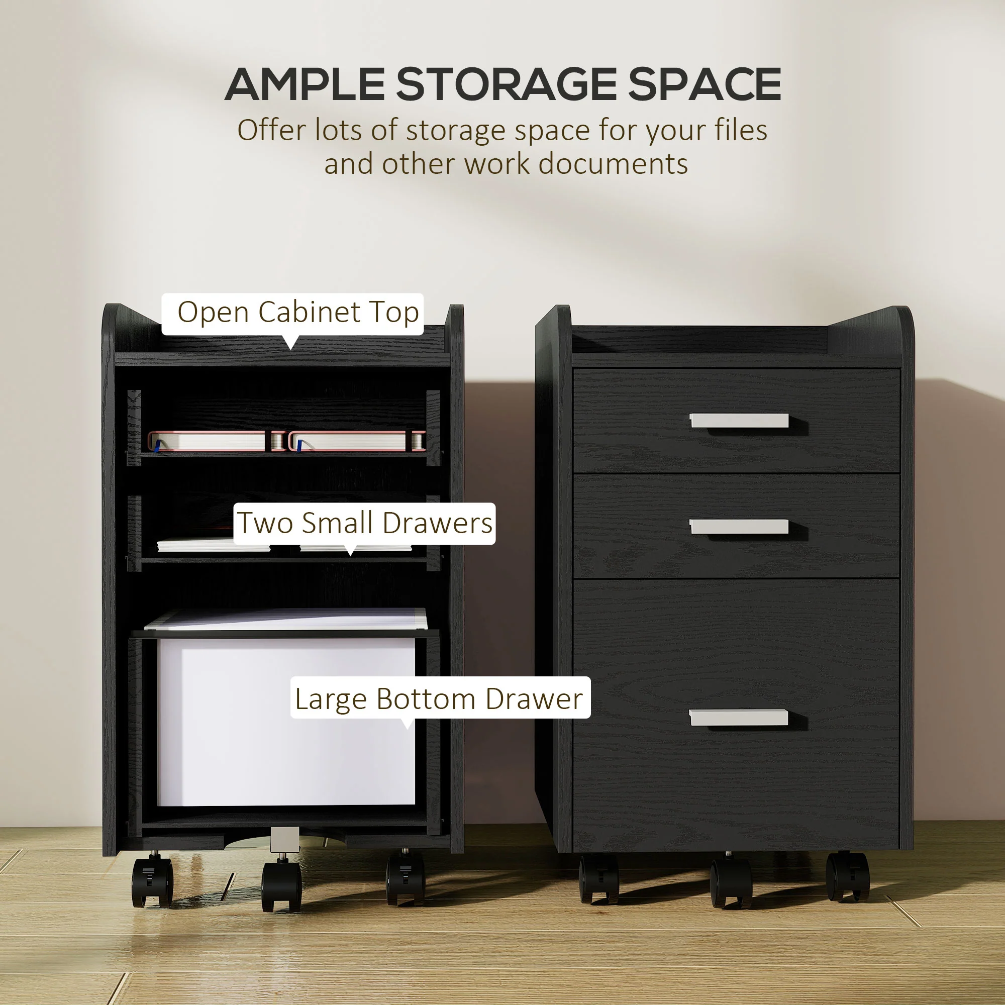 HOMCOM Mobile Filing Cabinet, File Cabinet with 3 Drawers, Black - Image 3