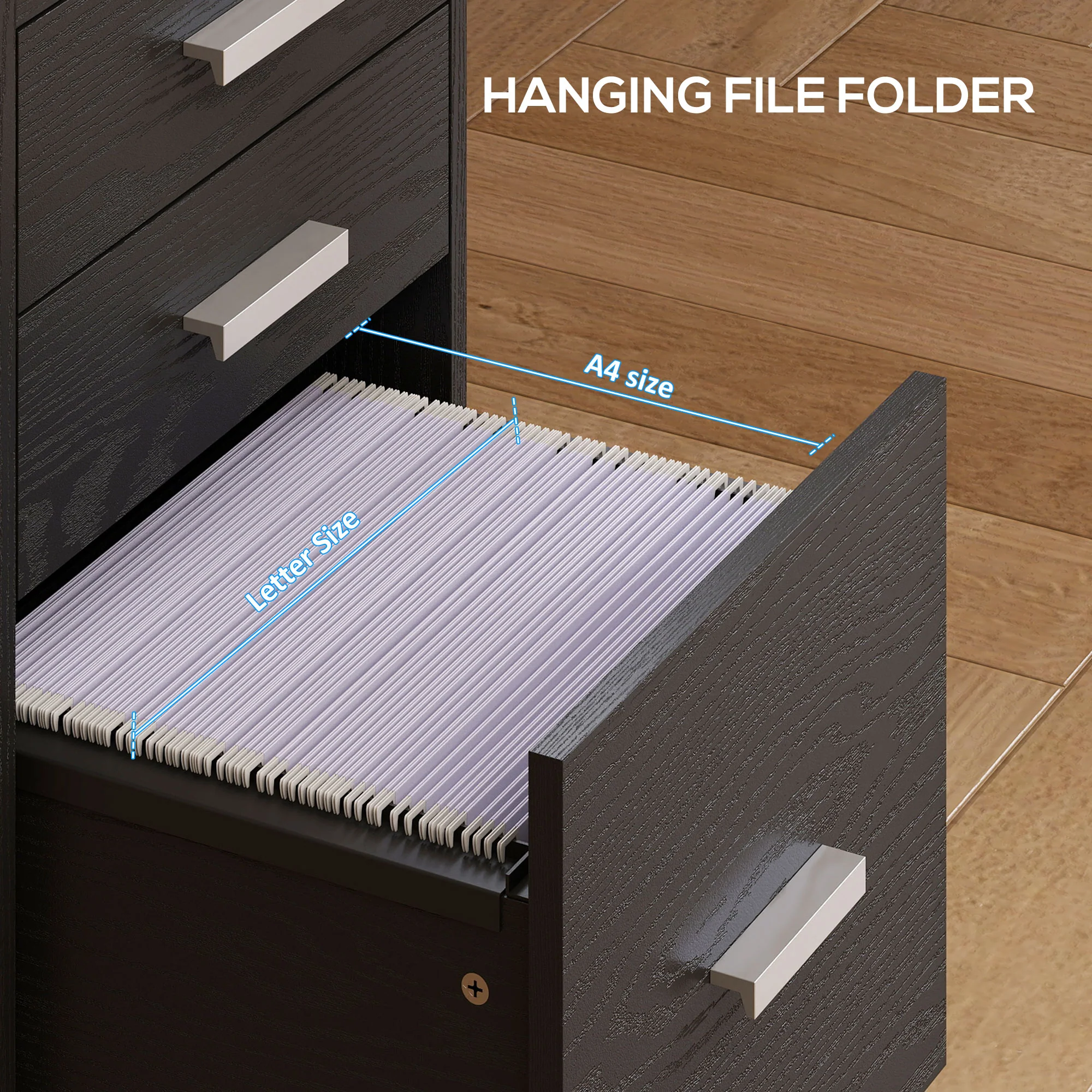 HOMCOM Mobile Filing Cabinet, File Cabinet with 3 Drawers, Black - Image 4