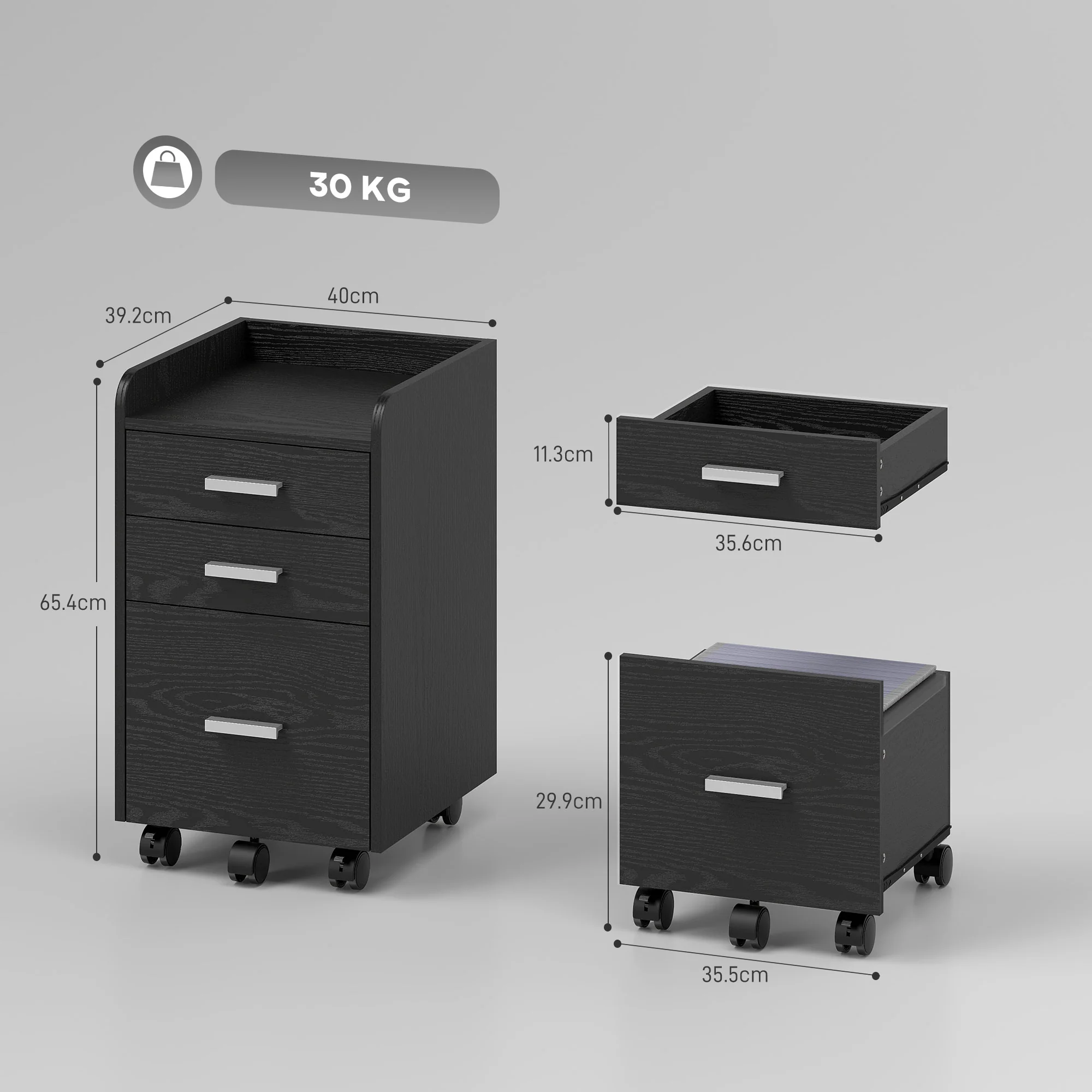 HOMCOM Mobile Filing Cabinet, File Cabinet with 3 Drawers, Black - Image 5
