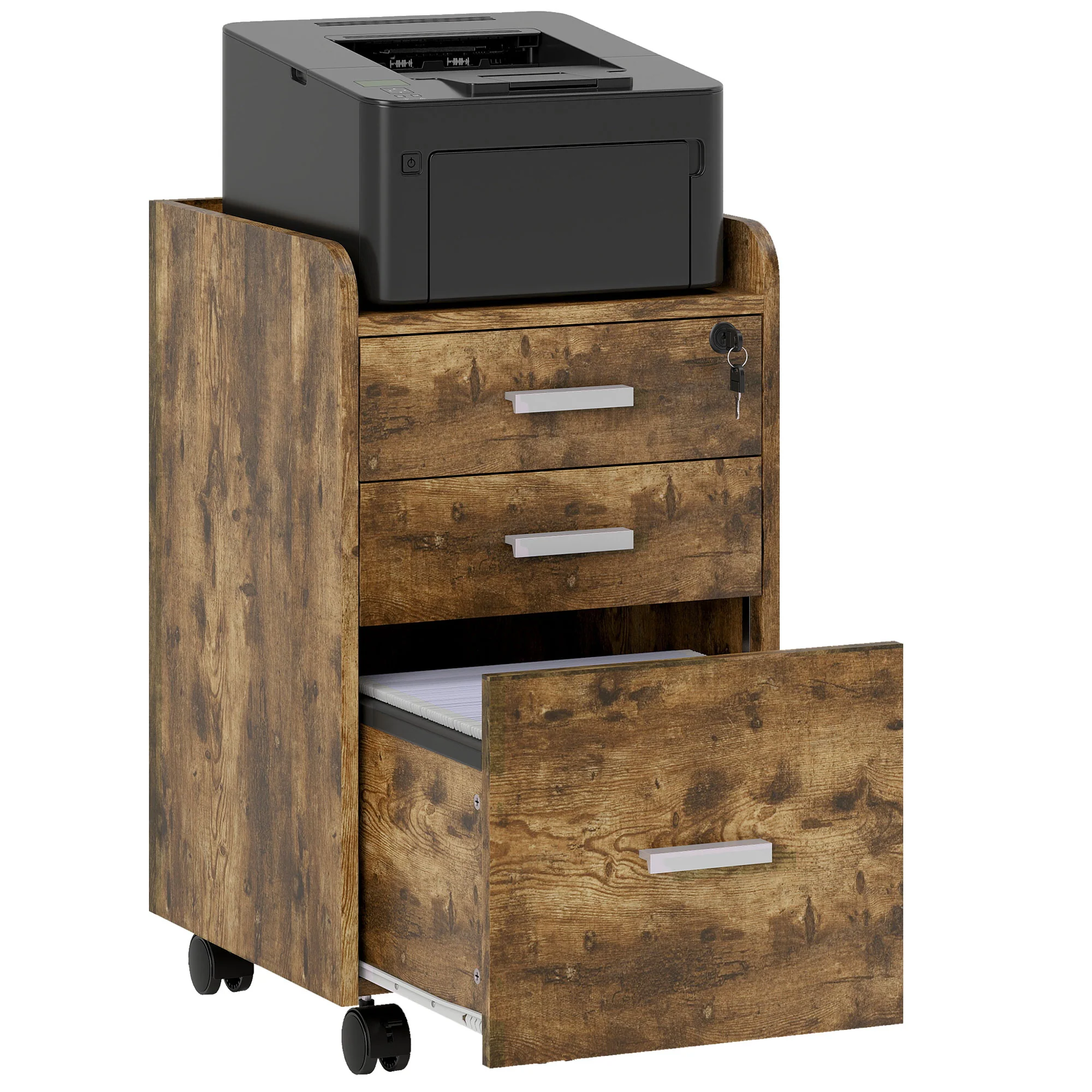 HOMCOM Mobile Filing Cabinet, Lockable File Cabinet, Rustic Brown