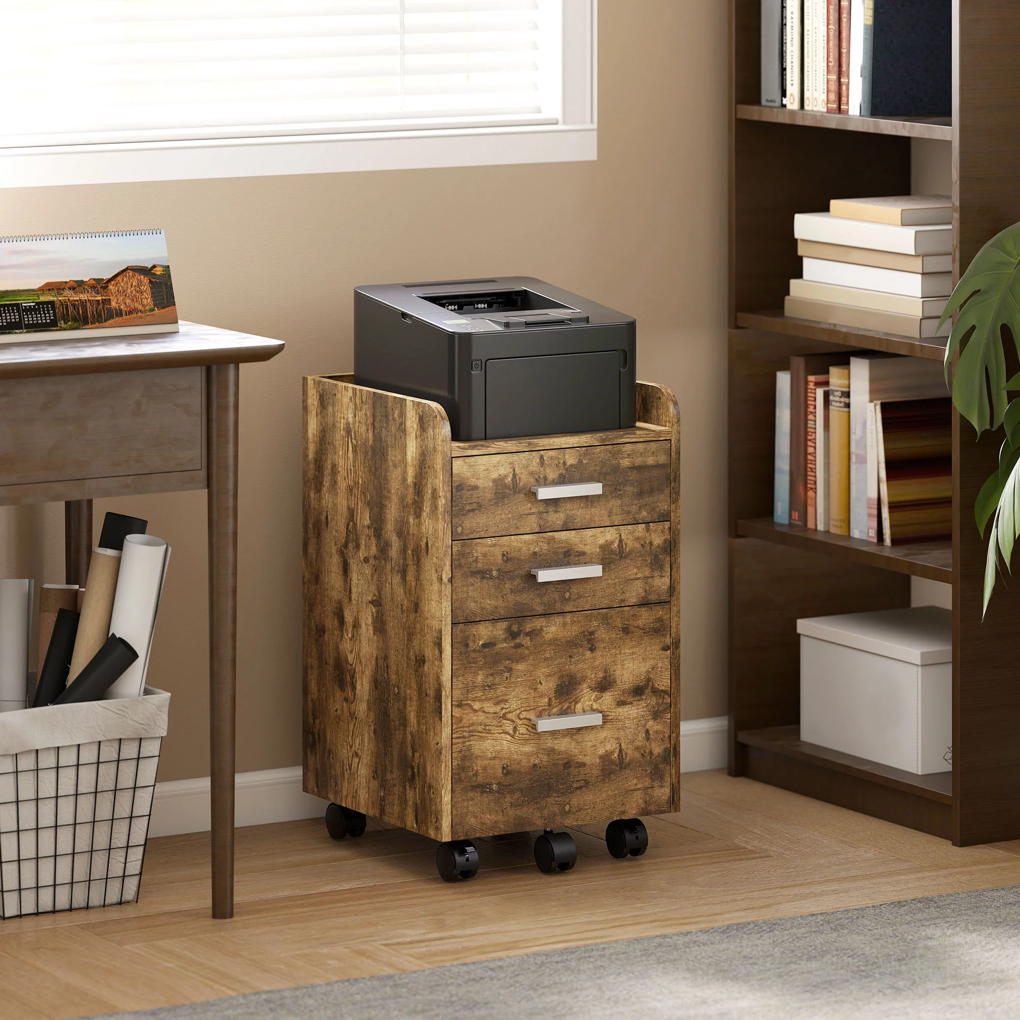 HOMCOM Mobile Filing Cabinet, Lockable File Cabinet, Rustic Brown - Image 11