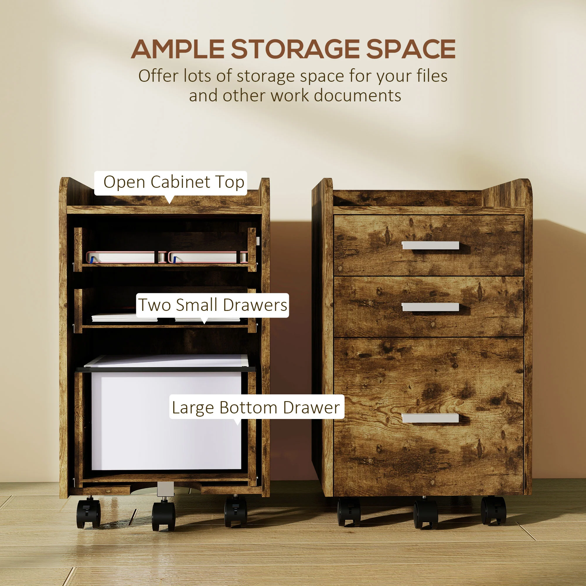 HOMCOM Mobile Filing Cabinet, Lockable File Cabinet, Rustic Brown - Image 12