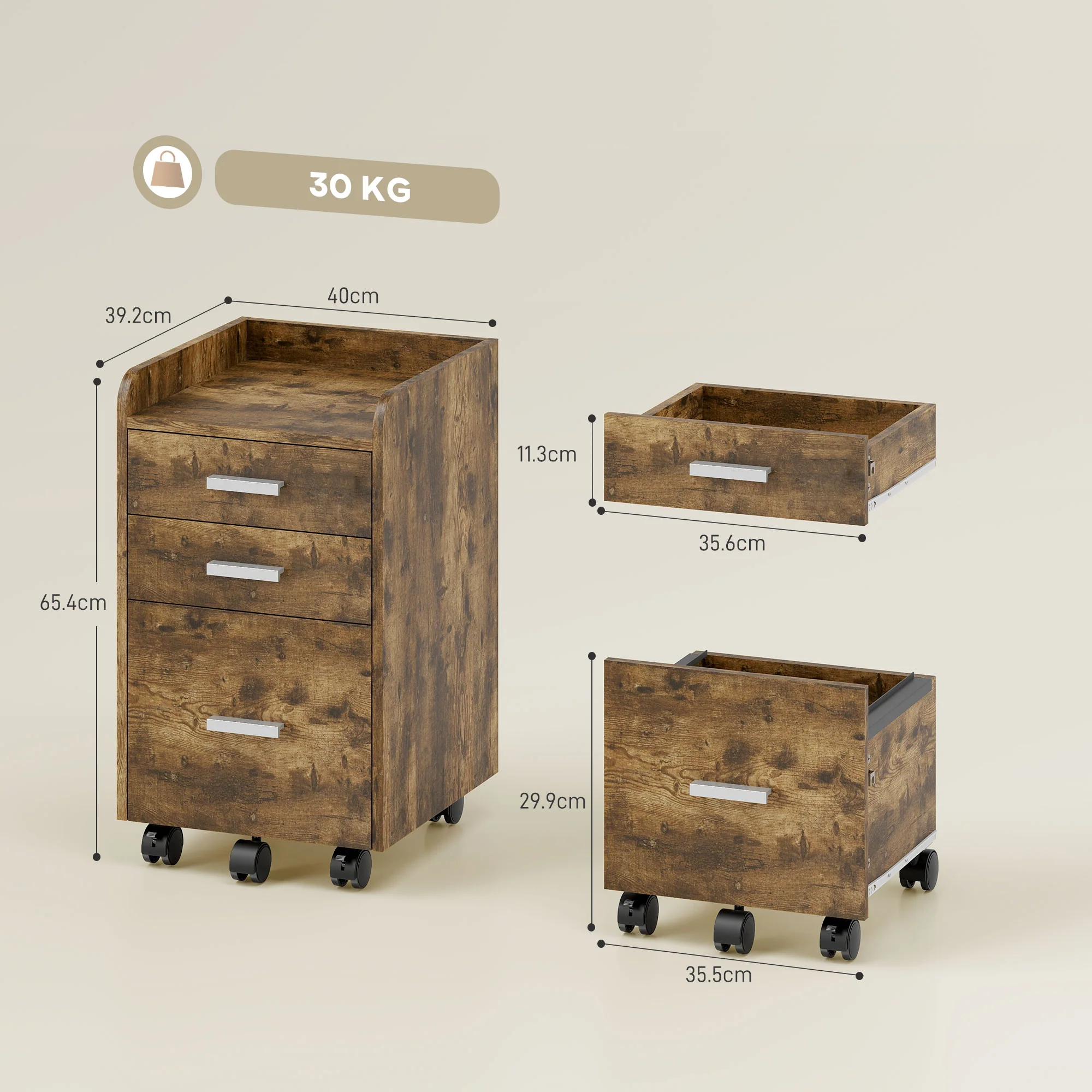 HOMCOM Mobile Filing Cabinet, Lockable File Cabinet, Rustic Brown - Image 14
