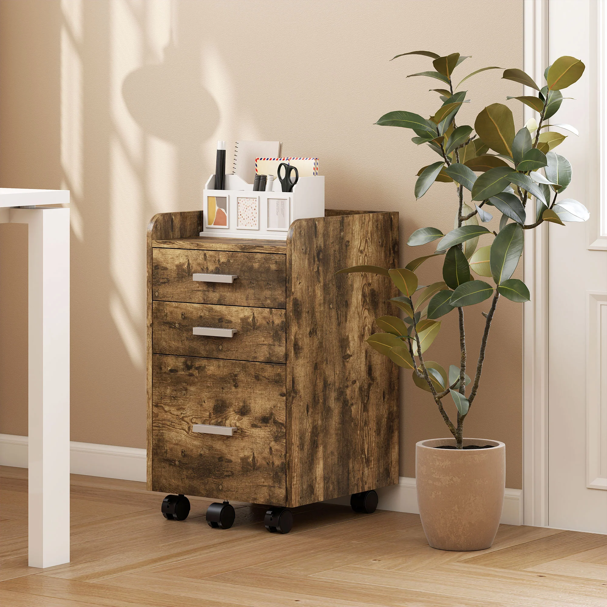 HOMCOM Mobile Filing Cabinet, Lockable File Cabinet, Rustic Brown - Image 16