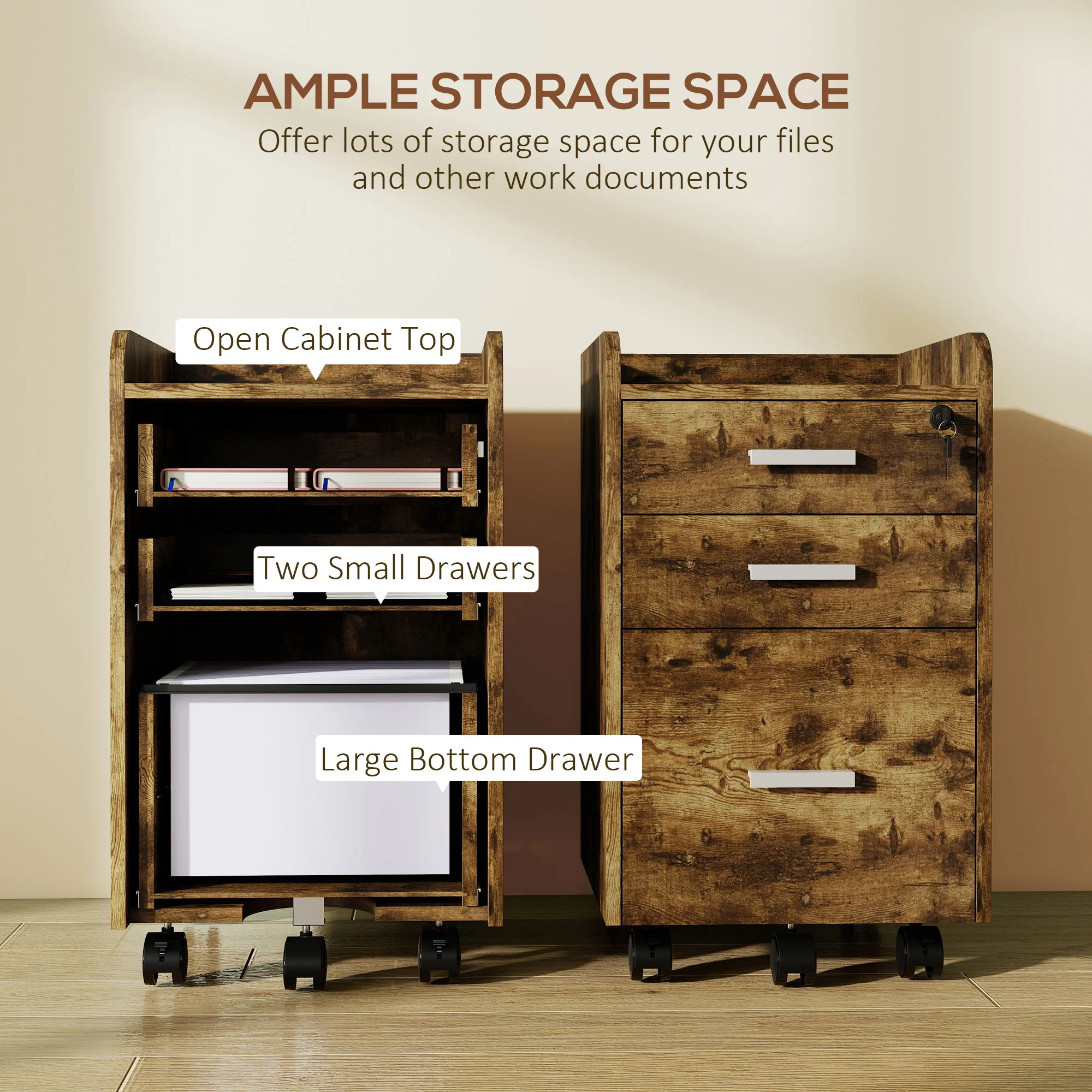 HOMCOM Mobile Filing Cabinet, Lockable File Cabinet, Rustic Brown - Image 3