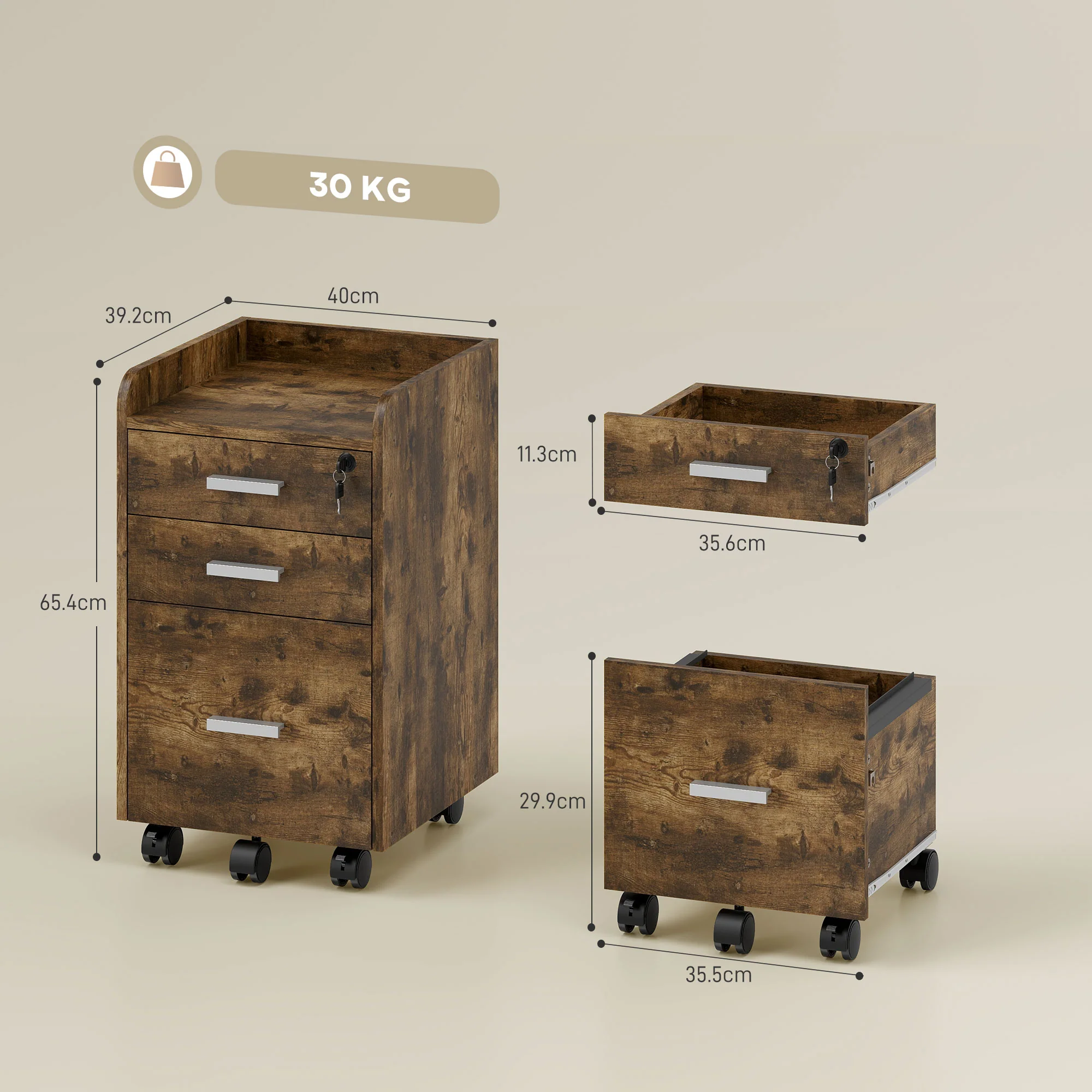 HOMCOM Mobile Filing Cabinet, Lockable File Cabinet, Rustic Brown - Image 5
