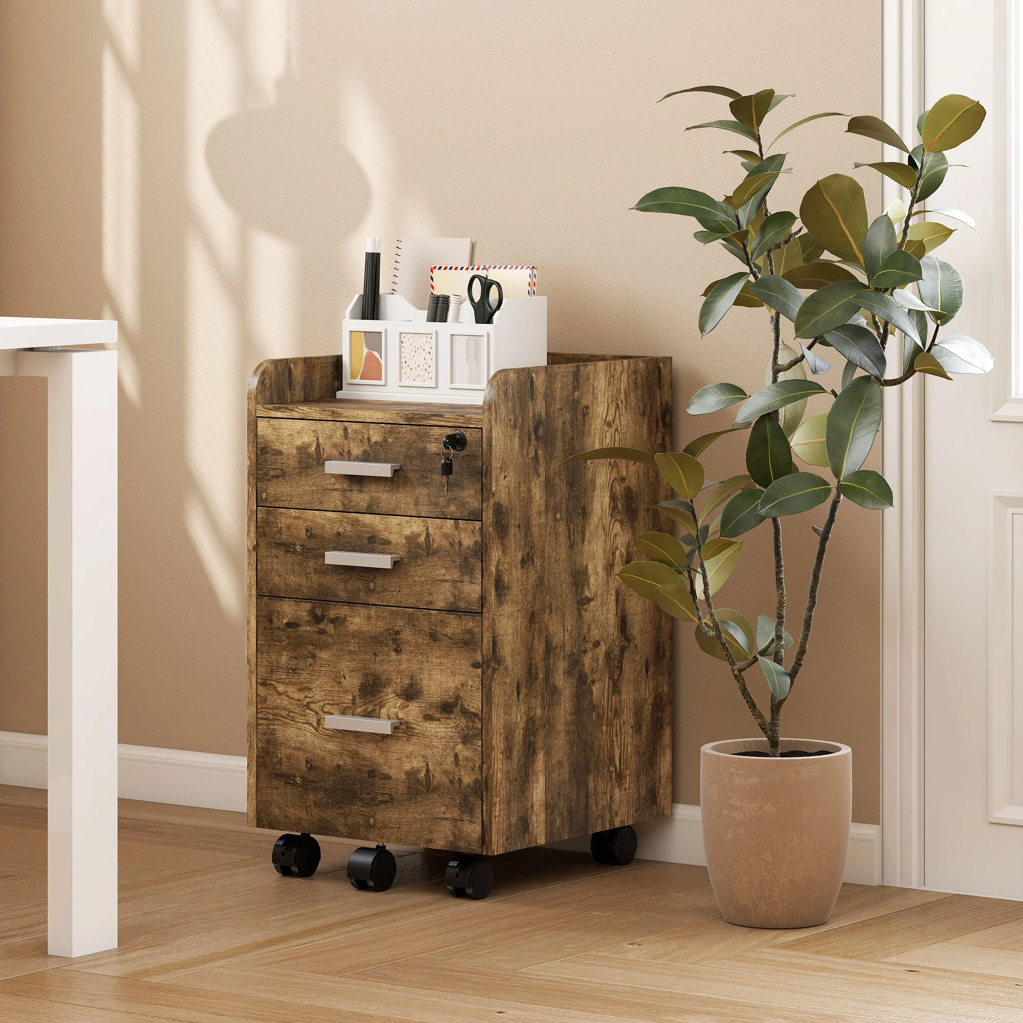 HOMCOM Mobile Filing Cabinet, Lockable File Cabinet, Rustic Brown - Image 8