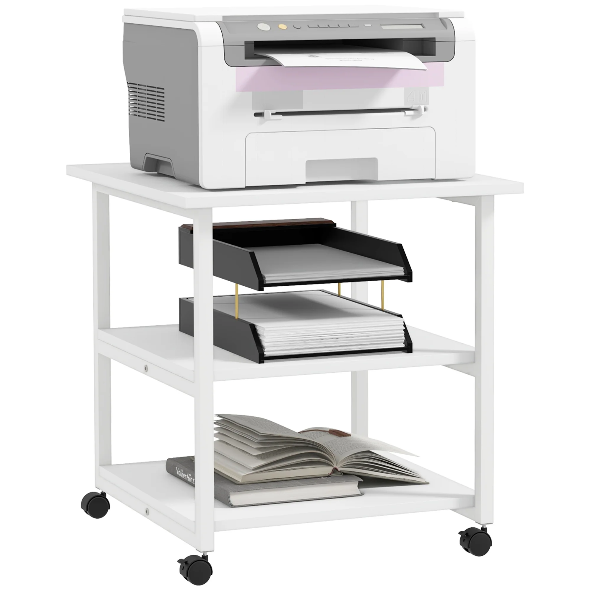 HOMCOM Mobile Printer Stand with Storage Printer Table for Home Office White - Image 2
