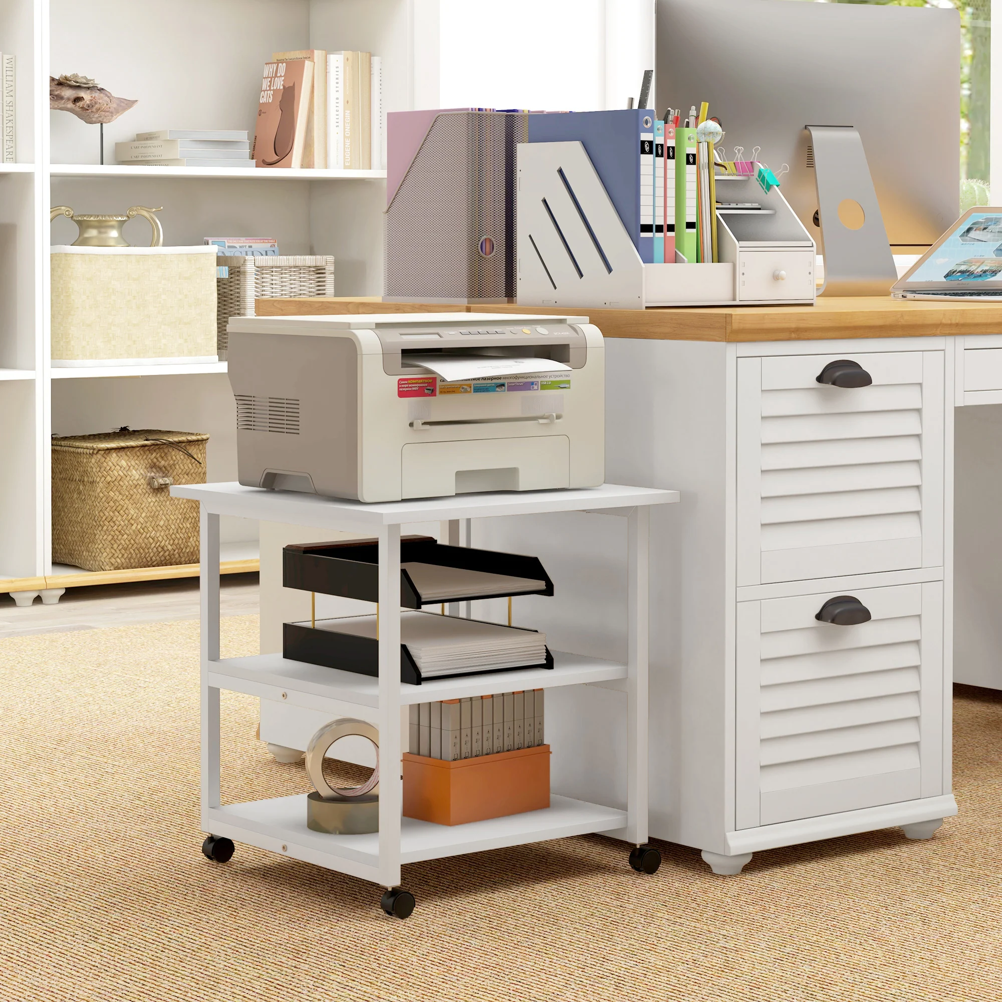 HOMCOM Mobile Printer Stand with Storage Printer Table for Home Office White - Image 3