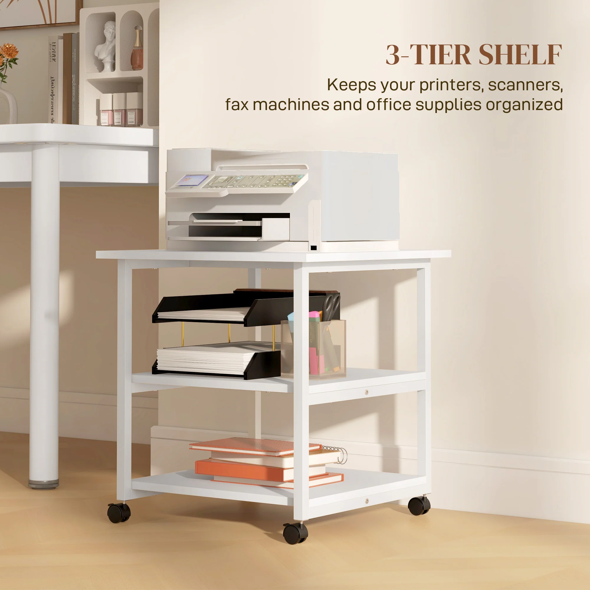 HOMCOM Mobile Printer Stand with Storage Printer Table for Home Office White - Image 4