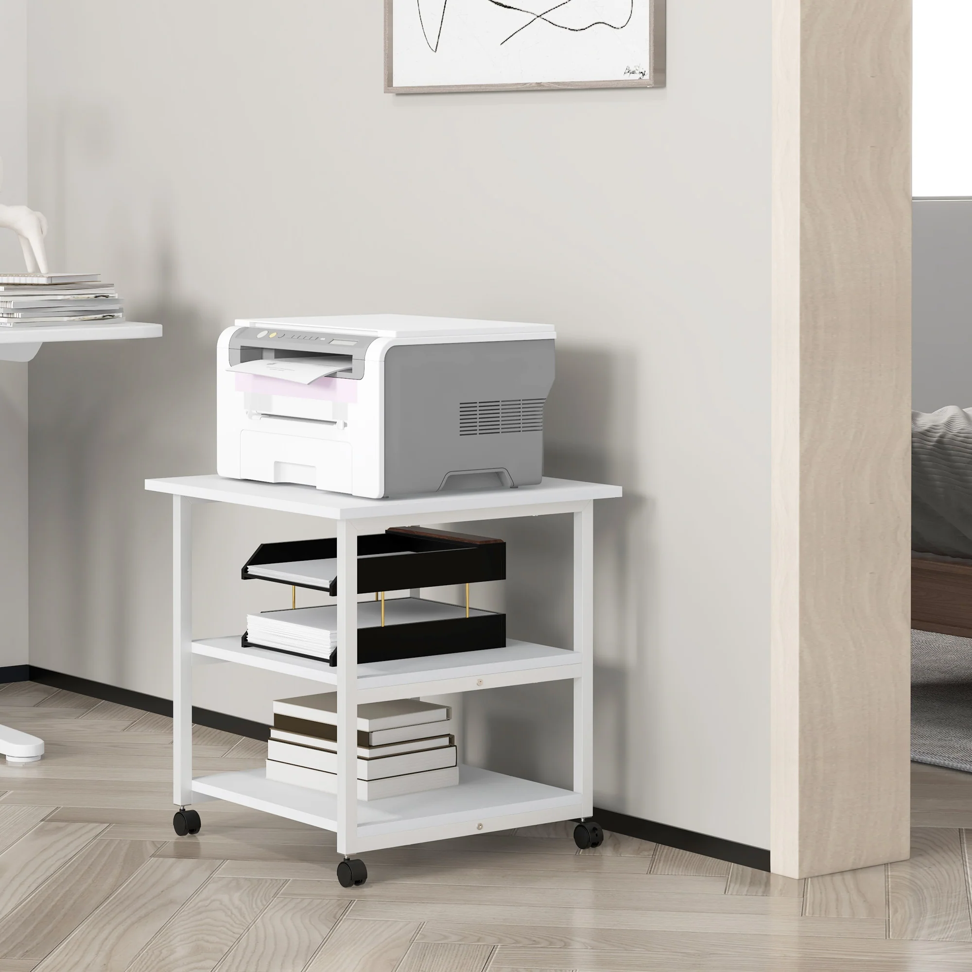 HOMCOM Mobile Printer Stand with Storage Printer Table for Home Office White - Image 8