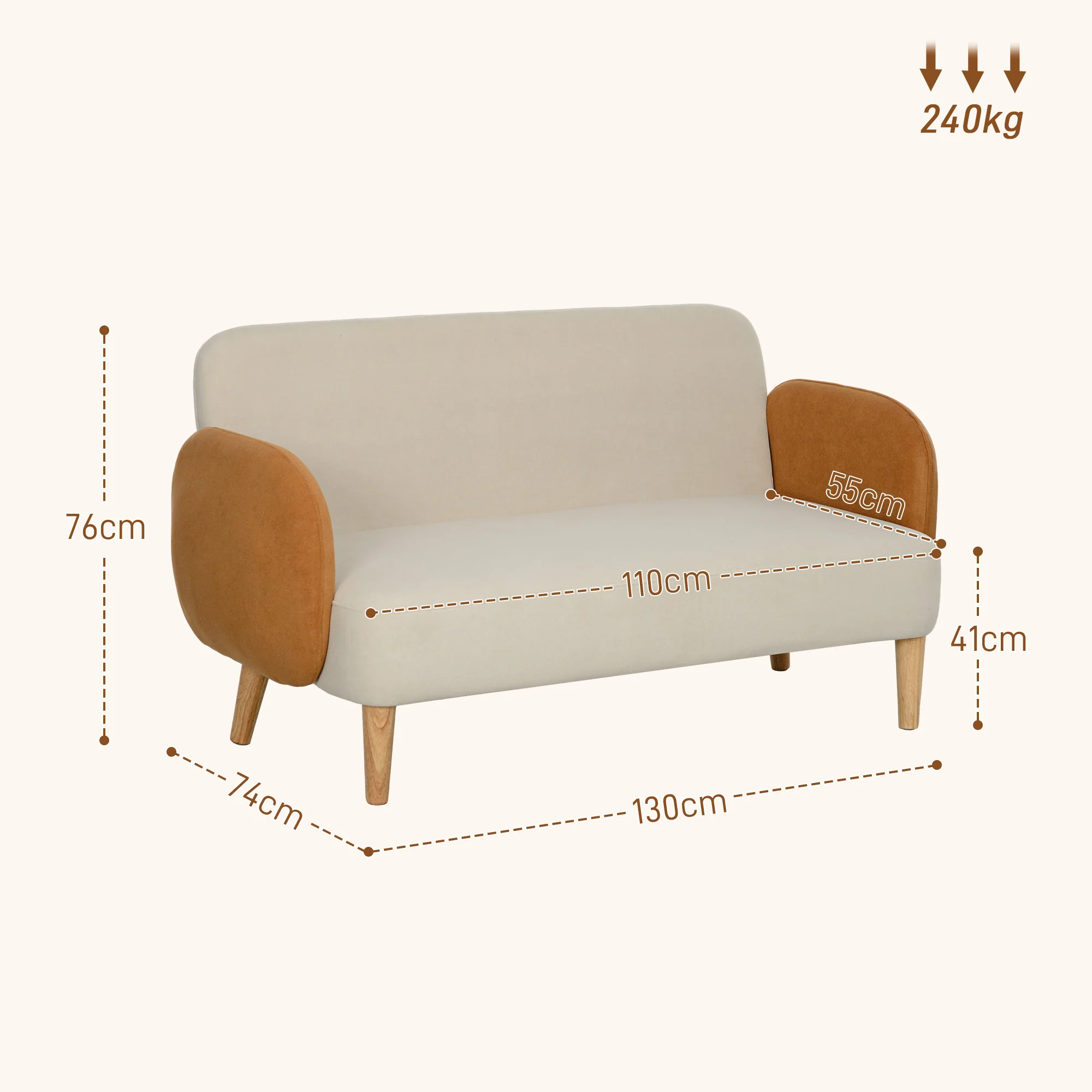 HOMCOM Modern 2 Seater Sofa W/ Rubber Wood Legs 130 X 74 X 76cm - Image 5