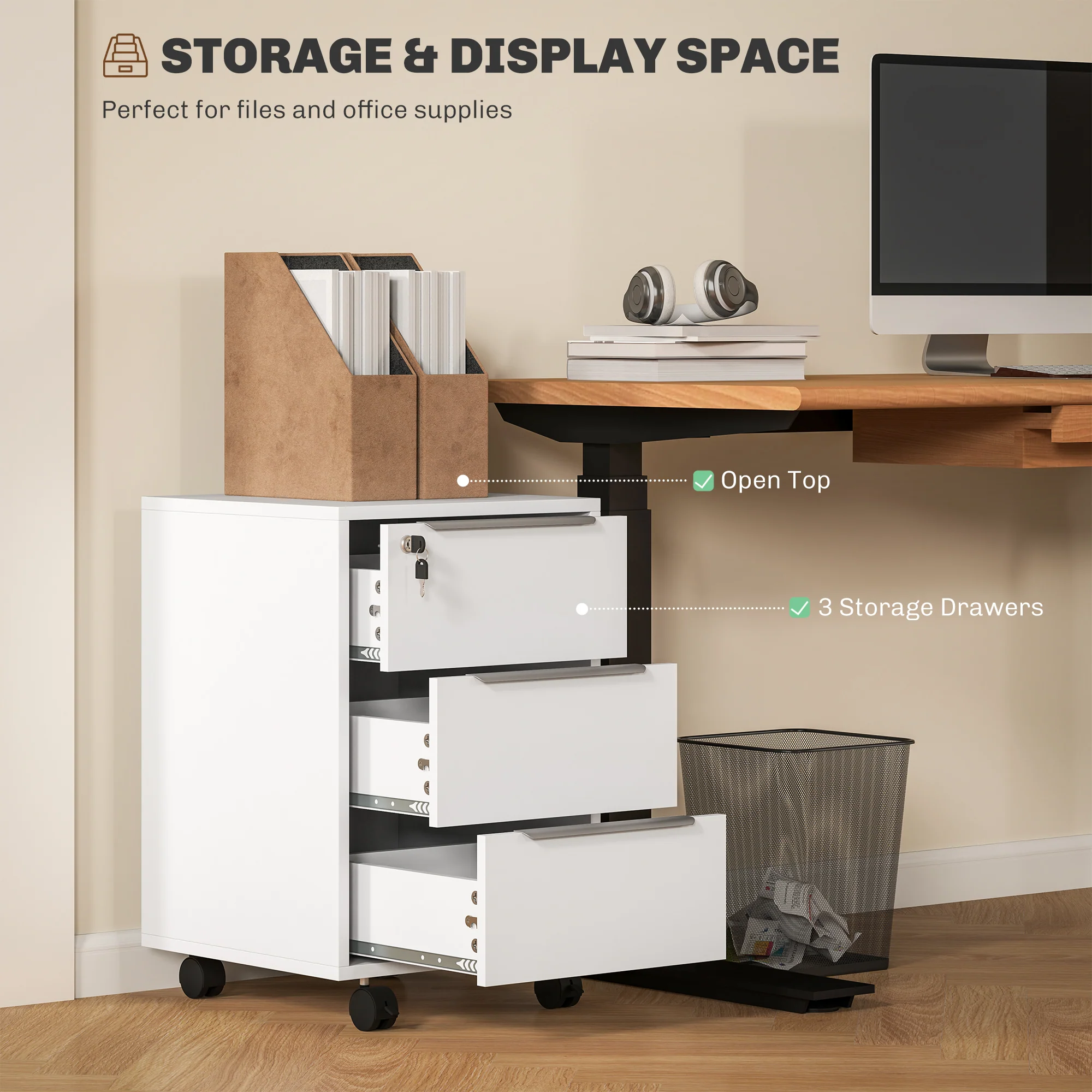 HOMCOM Modern 3-Drawer Locking File Cabinet Mobile Filing Cabinet - Image 12