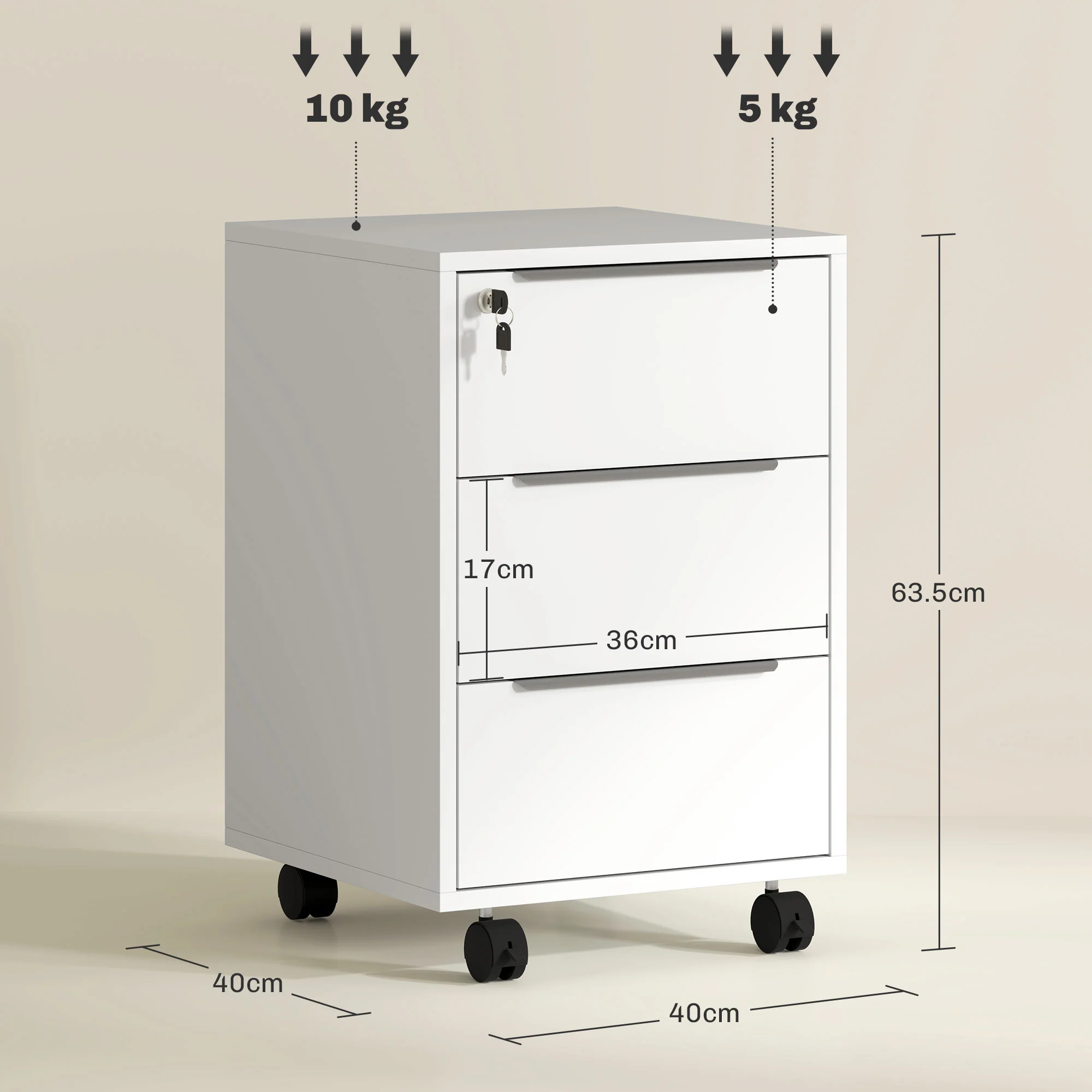 HOMCOM Modern 3-Drawer Locking File Cabinet Mobile Filing Cabinet - Image 14