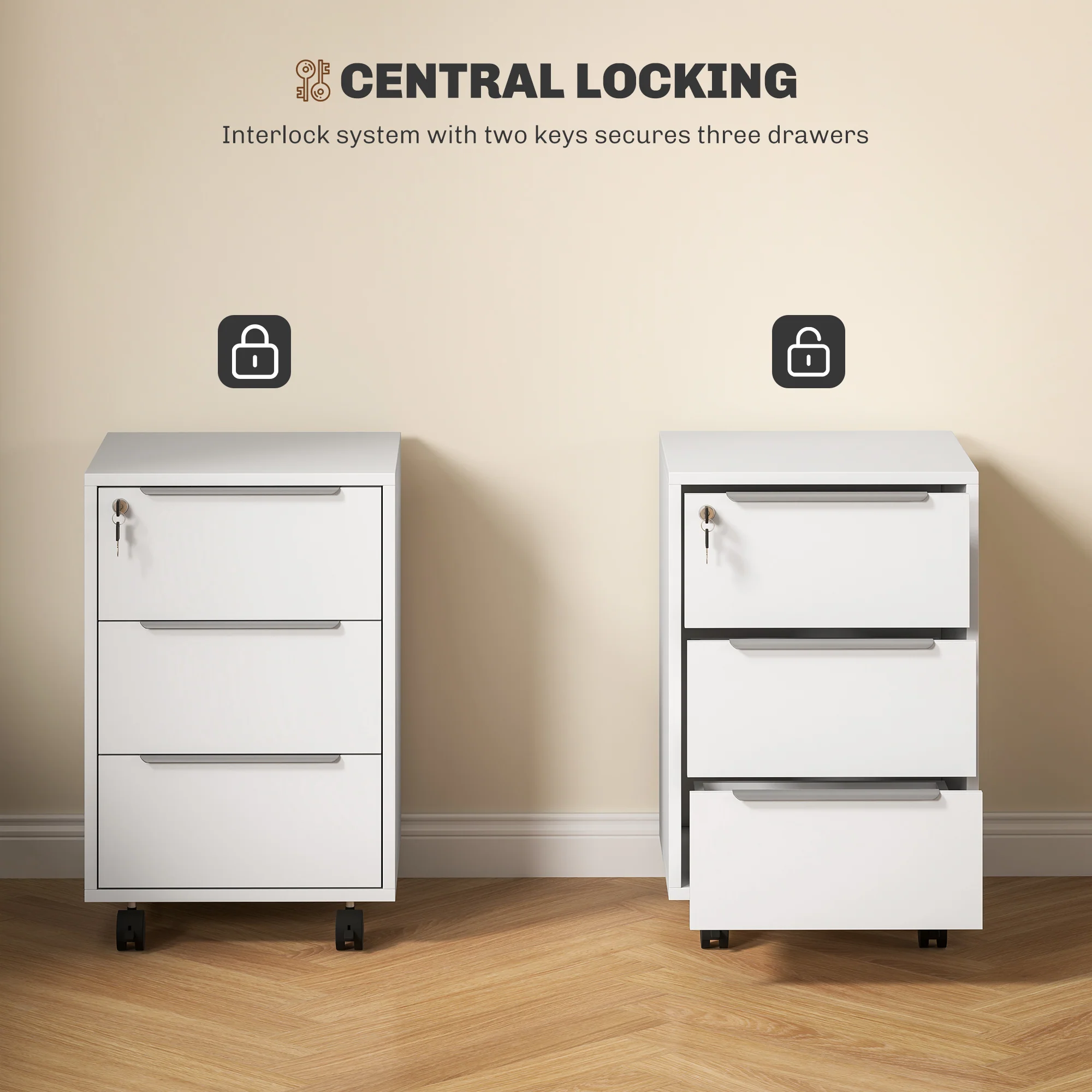 HOMCOM Modern 3-Drawer Locking File Cabinet Mobile Filing Cabinet - Image 16