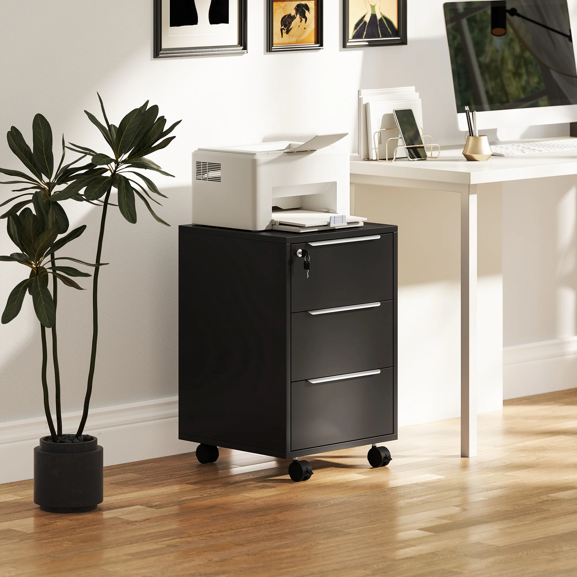 HOMCOM Modern 3-Drawer Locking File Cabinet Mobile Filing Cabinet - Image 2