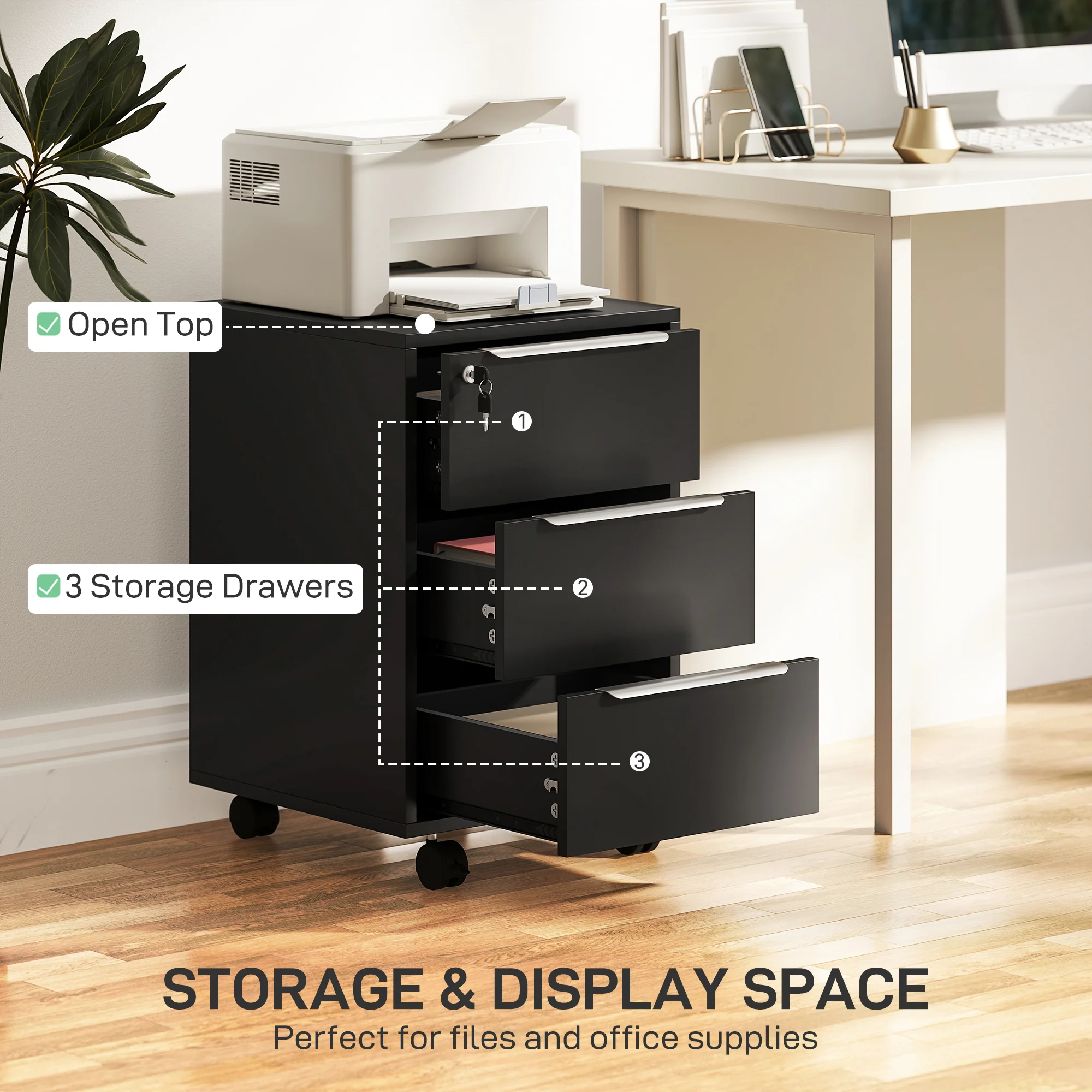 HOMCOM Modern 3-Drawer Locking File Cabinet Mobile Filing Cabinet - Image 3