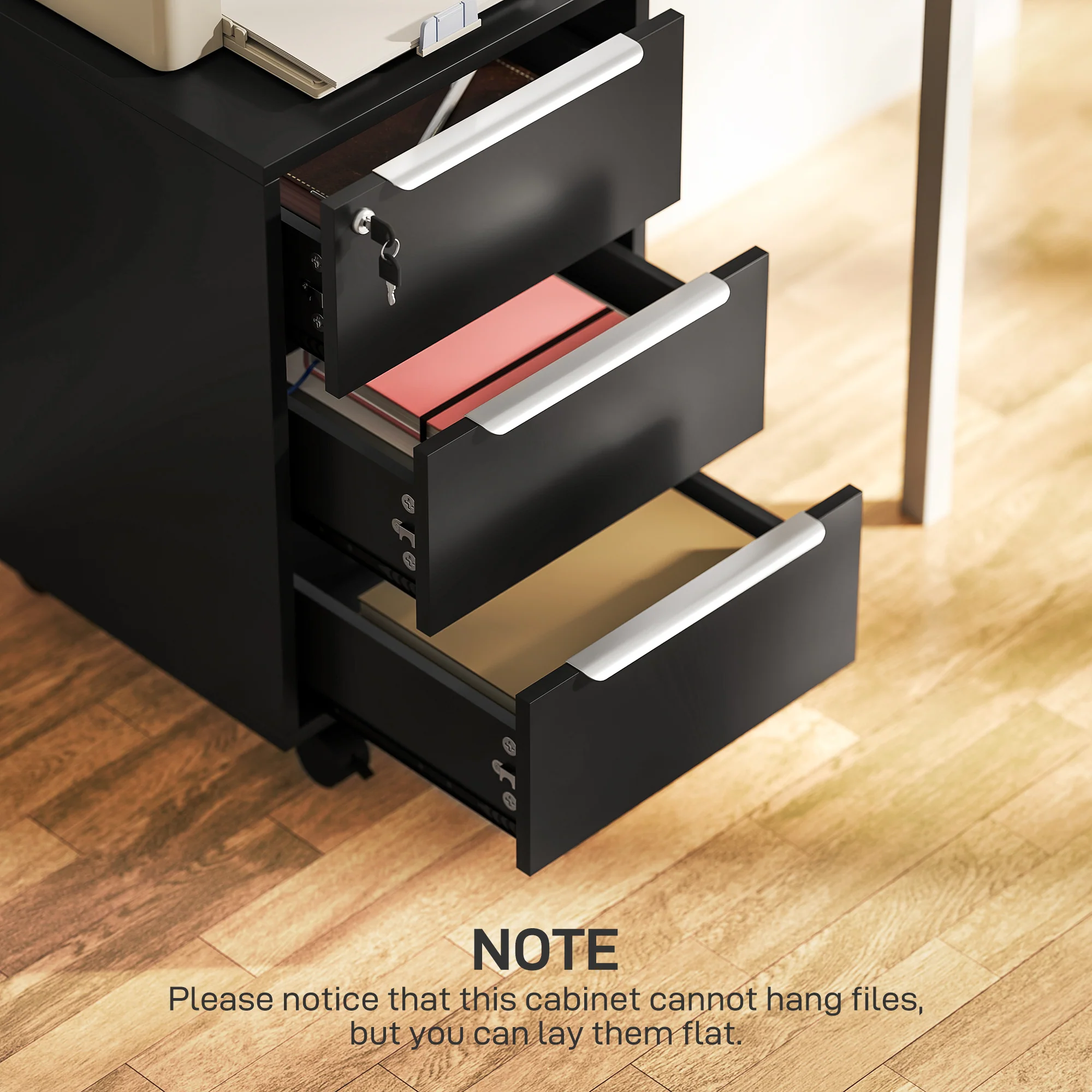 HOMCOM Modern 3-Drawer Locking File Cabinet Mobile Filing Cabinet - Image 9