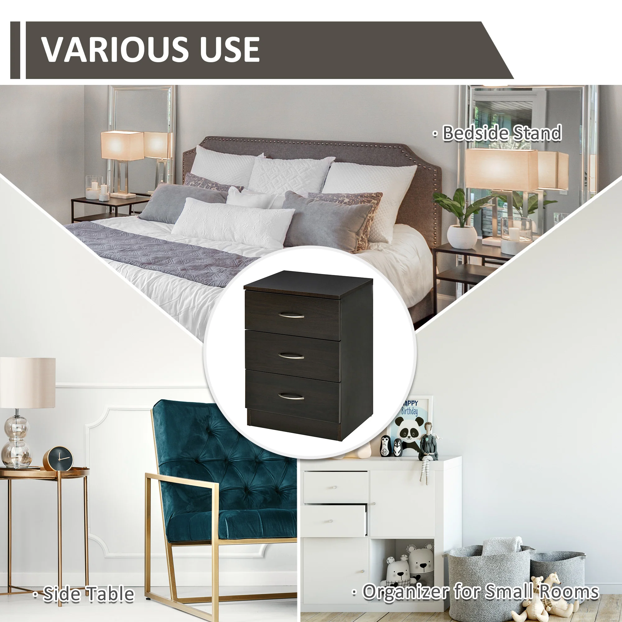 HOMCOM Modern 3 Drawers Side Table, Bedside Table with Wood Effect, Black - Image 4