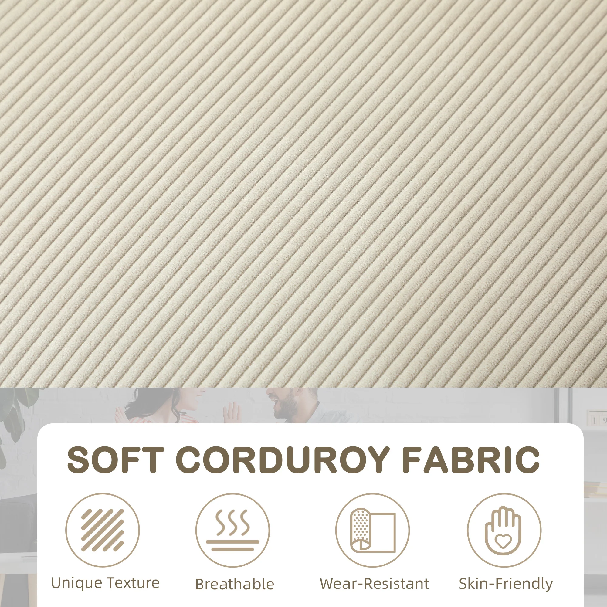 HOMCOM Modern 3 Seater Sofa Upholstered Corduroy Sofa Couch Cream White - Image 4