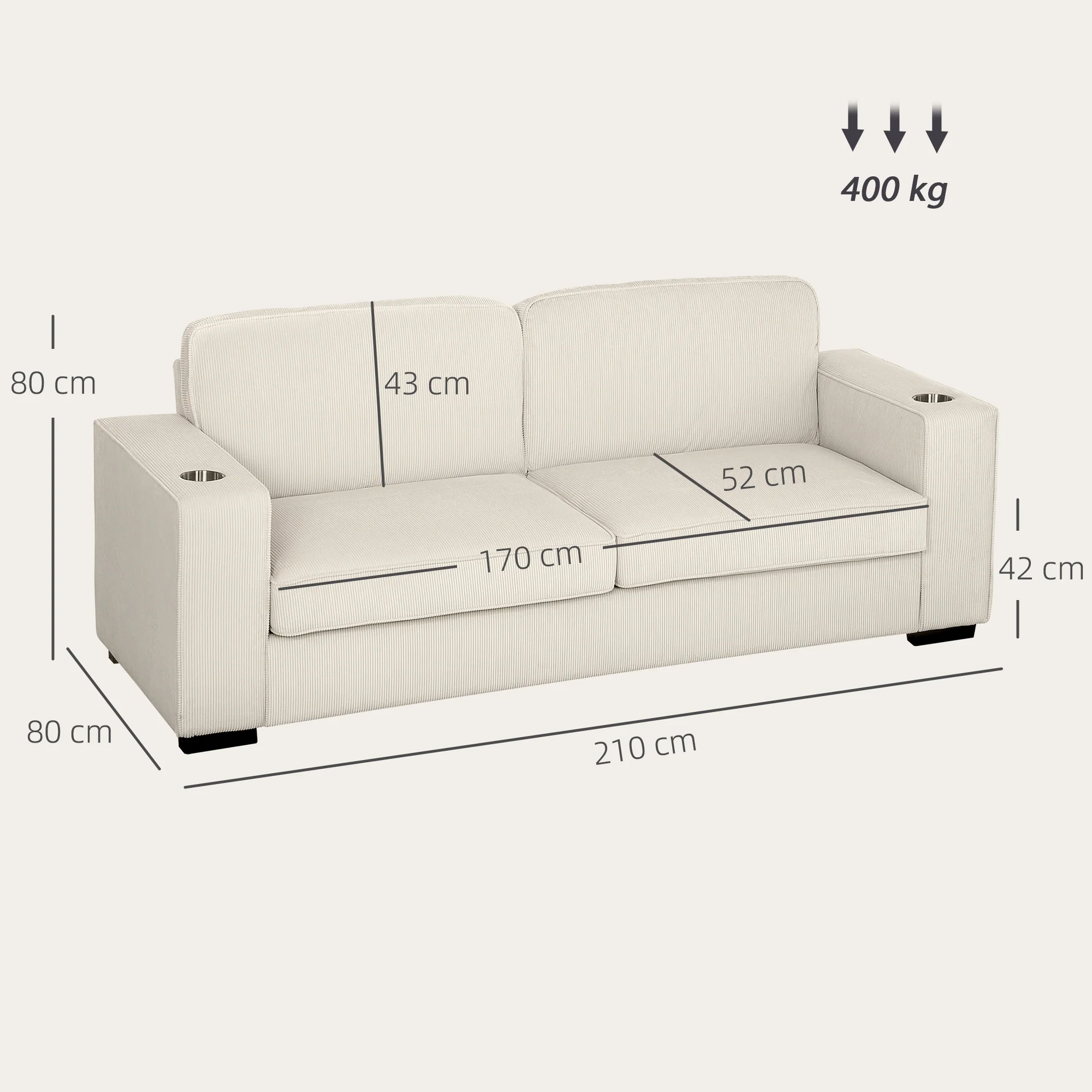 HOMCOM Modern 3 Seater Sofa Upholstered Corduroy Sofa Couch Cream White - Image 5