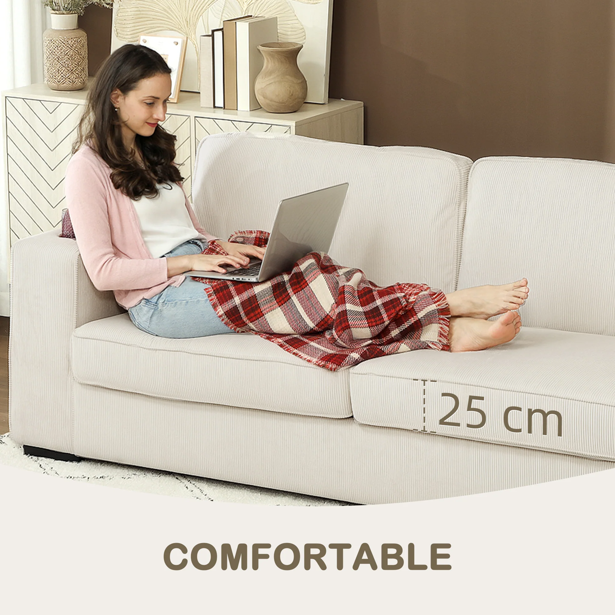 HOMCOM Modern 3 Seater Sofa Upholstered Corduroy Sofa Couch Cream White - Image 6