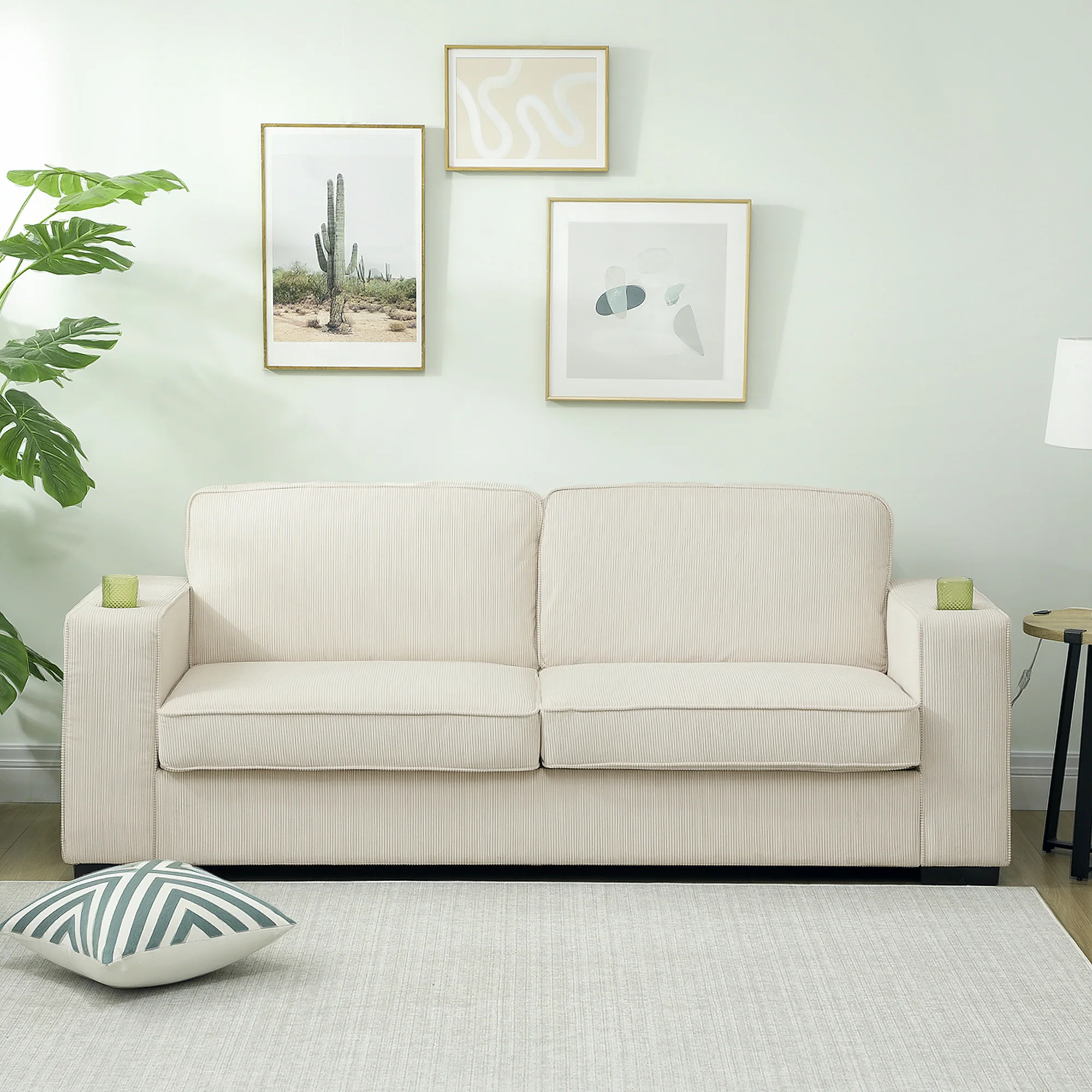 HOMCOM Modern 3 Seater Sofa Upholstered Corduroy Sofa Couch Cream White - Image 8