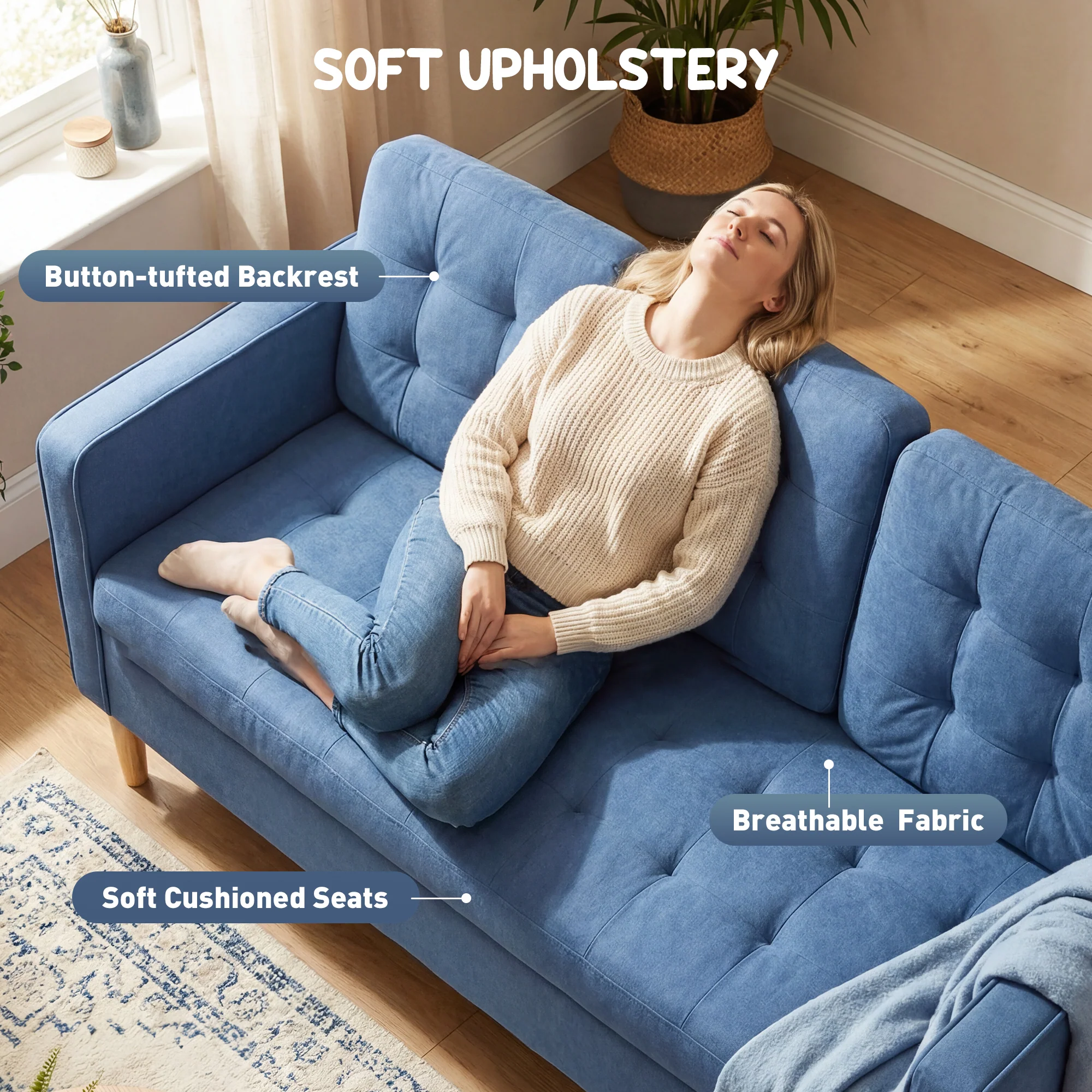 HOMCOM Modern 3 Seater Sofa with Hidden Storage and Rubber Wood Legs, Blue - Image 4