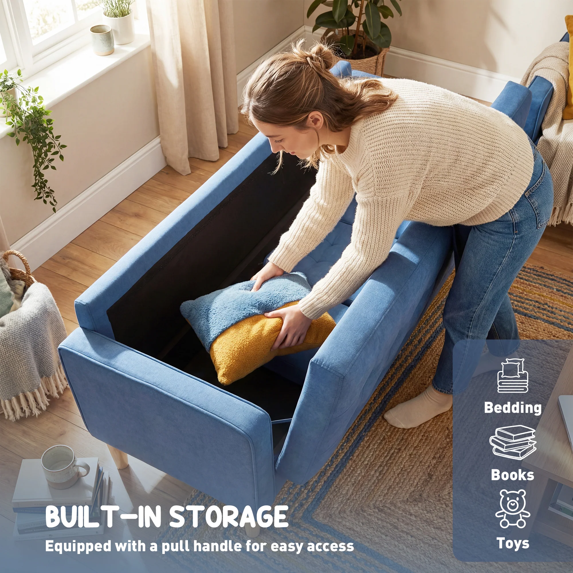 HOMCOM Modern 3 Seater Sofa with Hidden Storage and Rubber Wood Legs, Blue - Image 6