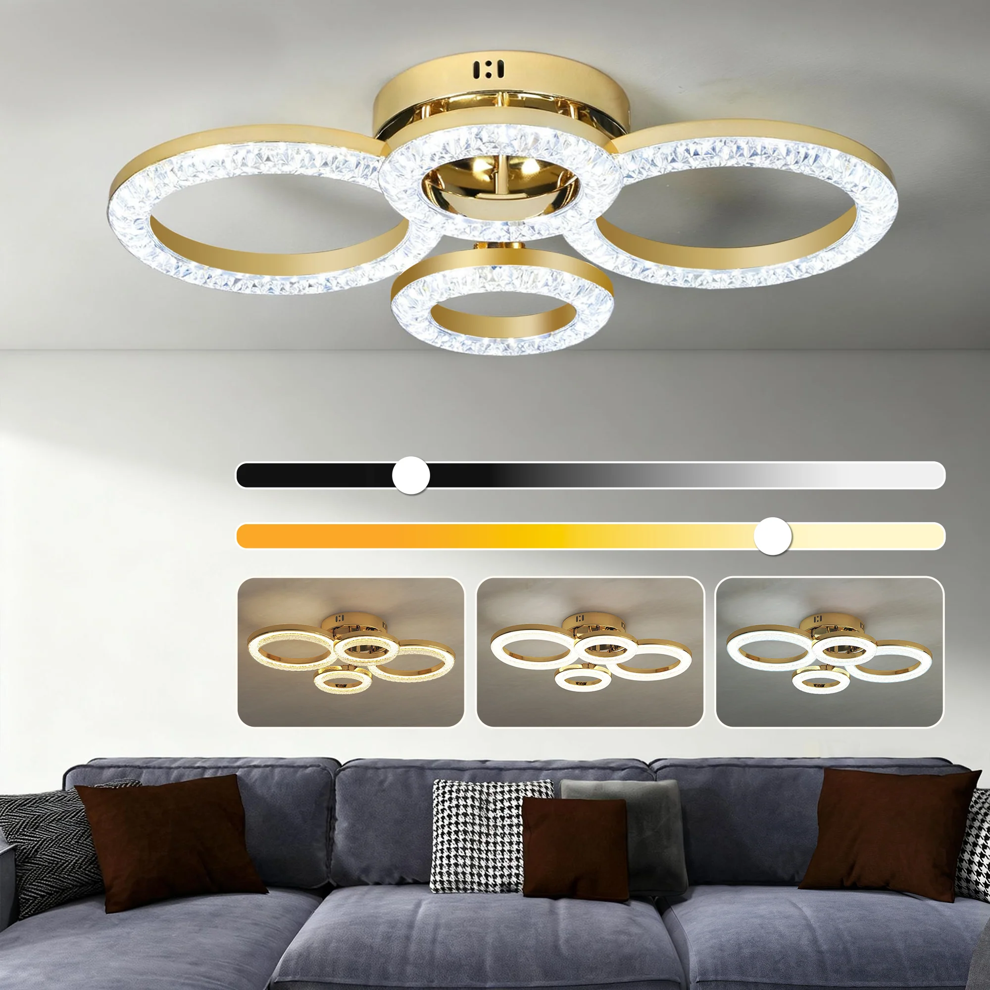HOMCOM Modern 4-Ring Flush Mount Ceiling Light, LED Ceiling Light, Gold