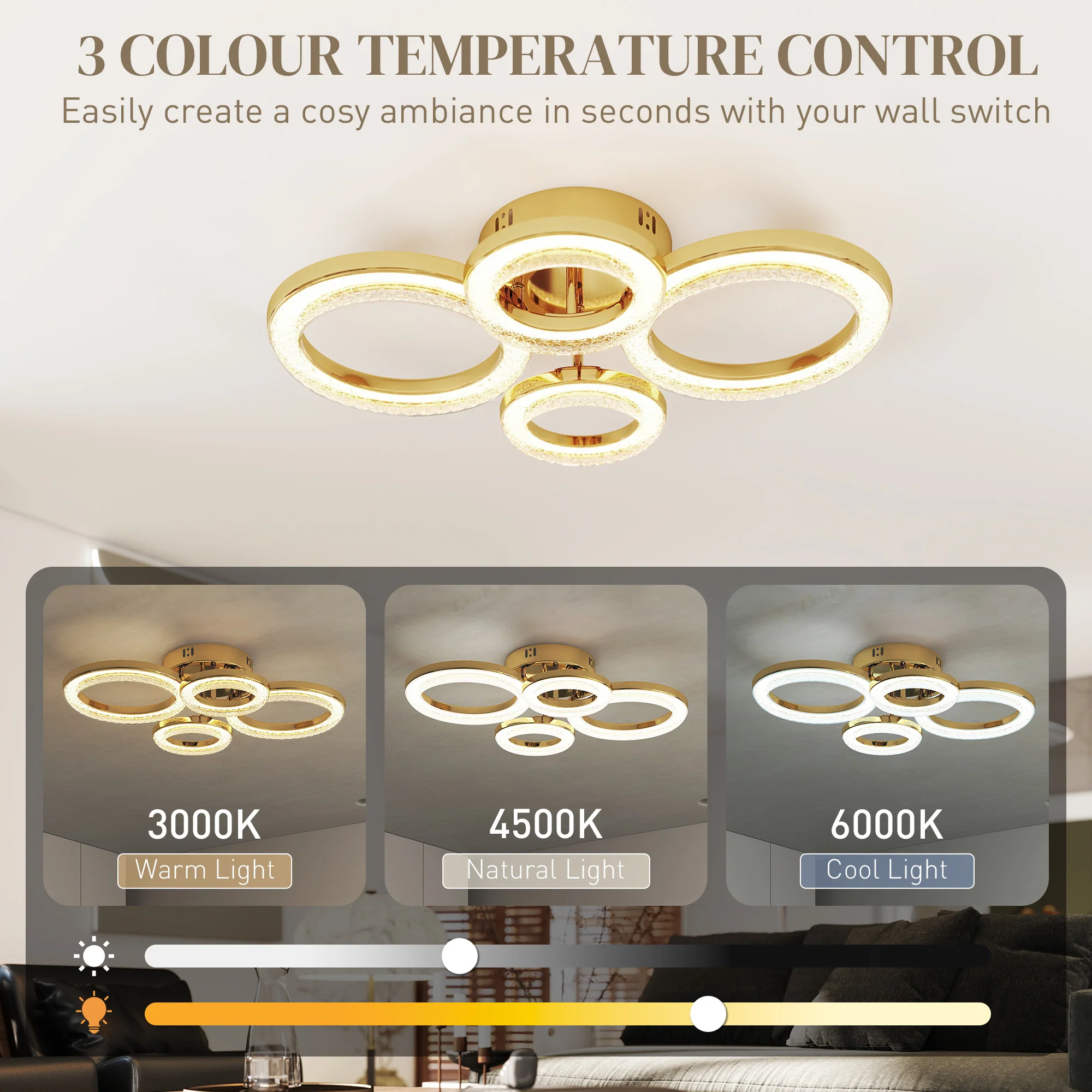 HOMCOM Modern 4-Ring Flush Mount Ceiling Light, LED Ceiling Light, Gold - Image 3