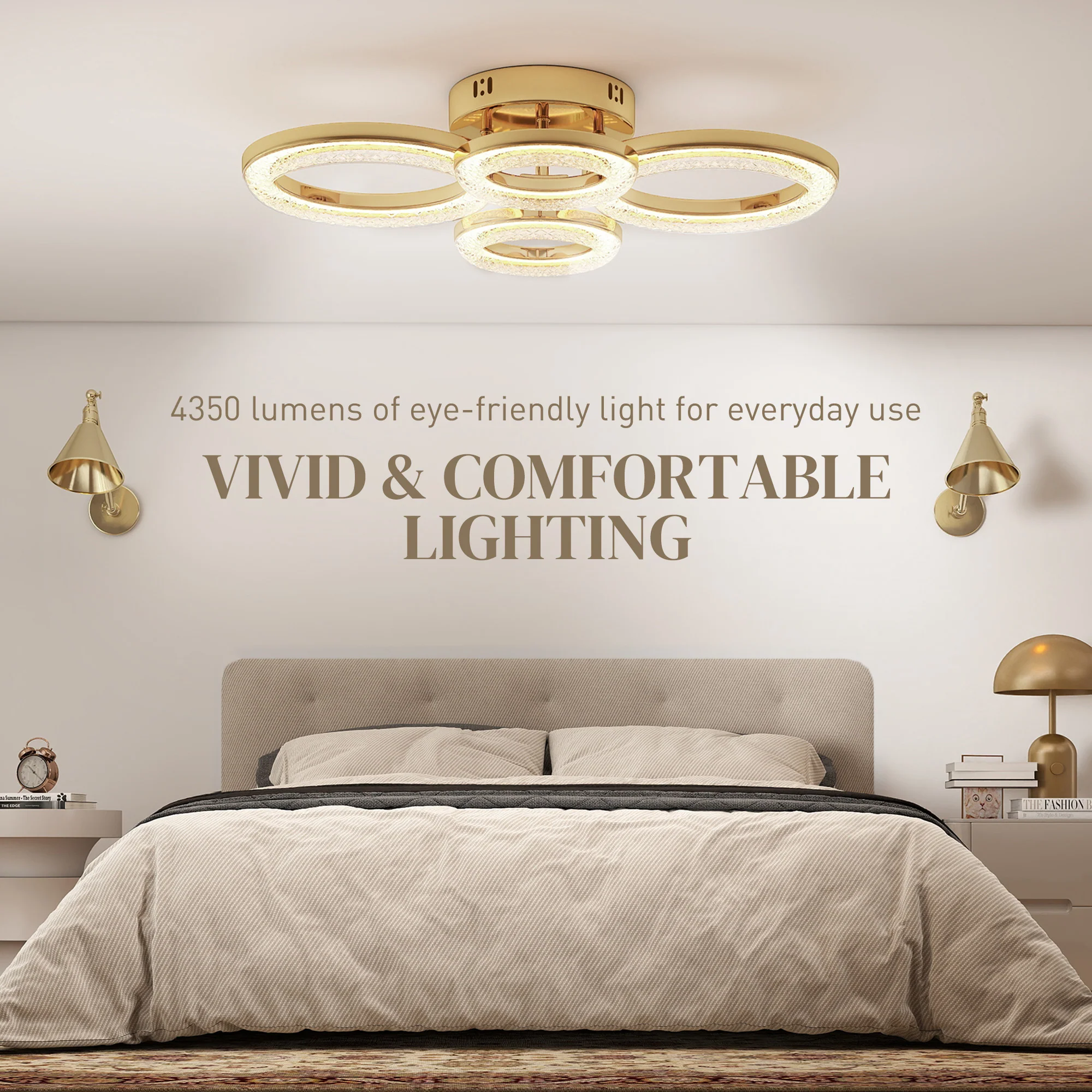 HOMCOM Modern 4-Ring Flush Mount Ceiling Light, LED Ceiling Light, Gold - Image 4