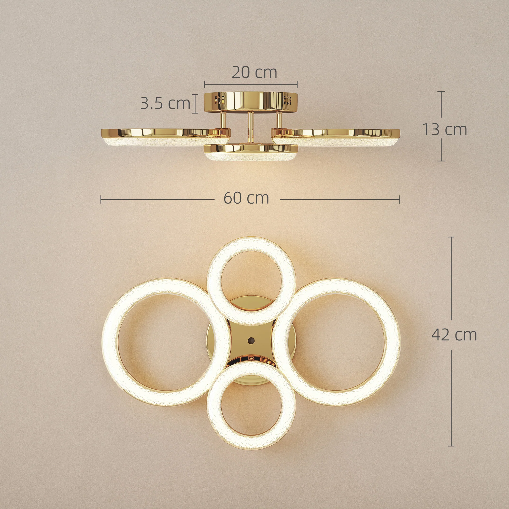 HOMCOM Modern 4-Ring Flush Mount Ceiling Light, LED Ceiling Light, Gold - Image 5