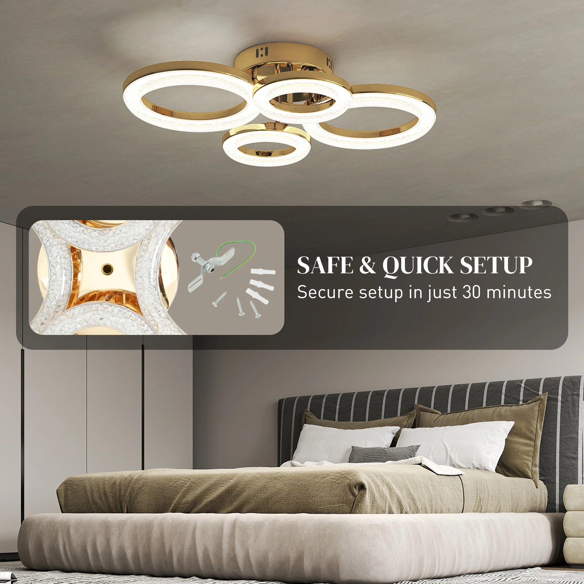 HOMCOM Modern 4-Ring Flush Mount Ceiling Light, LED Ceiling Light, Gold - Image 6