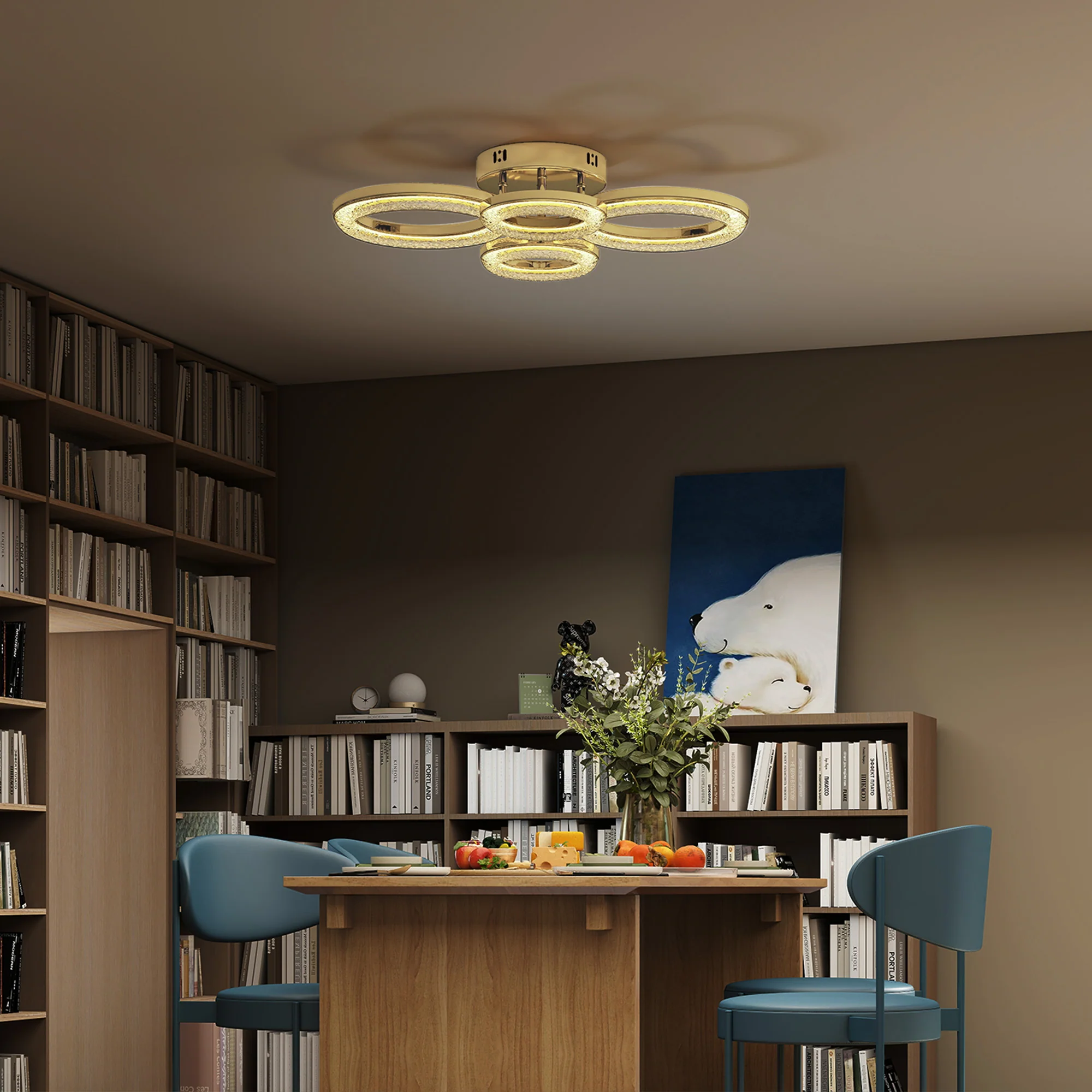 HOMCOM Modern 4-Ring Flush Mount Ceiling Light, LED Ceiling Light, Gold - Image 9