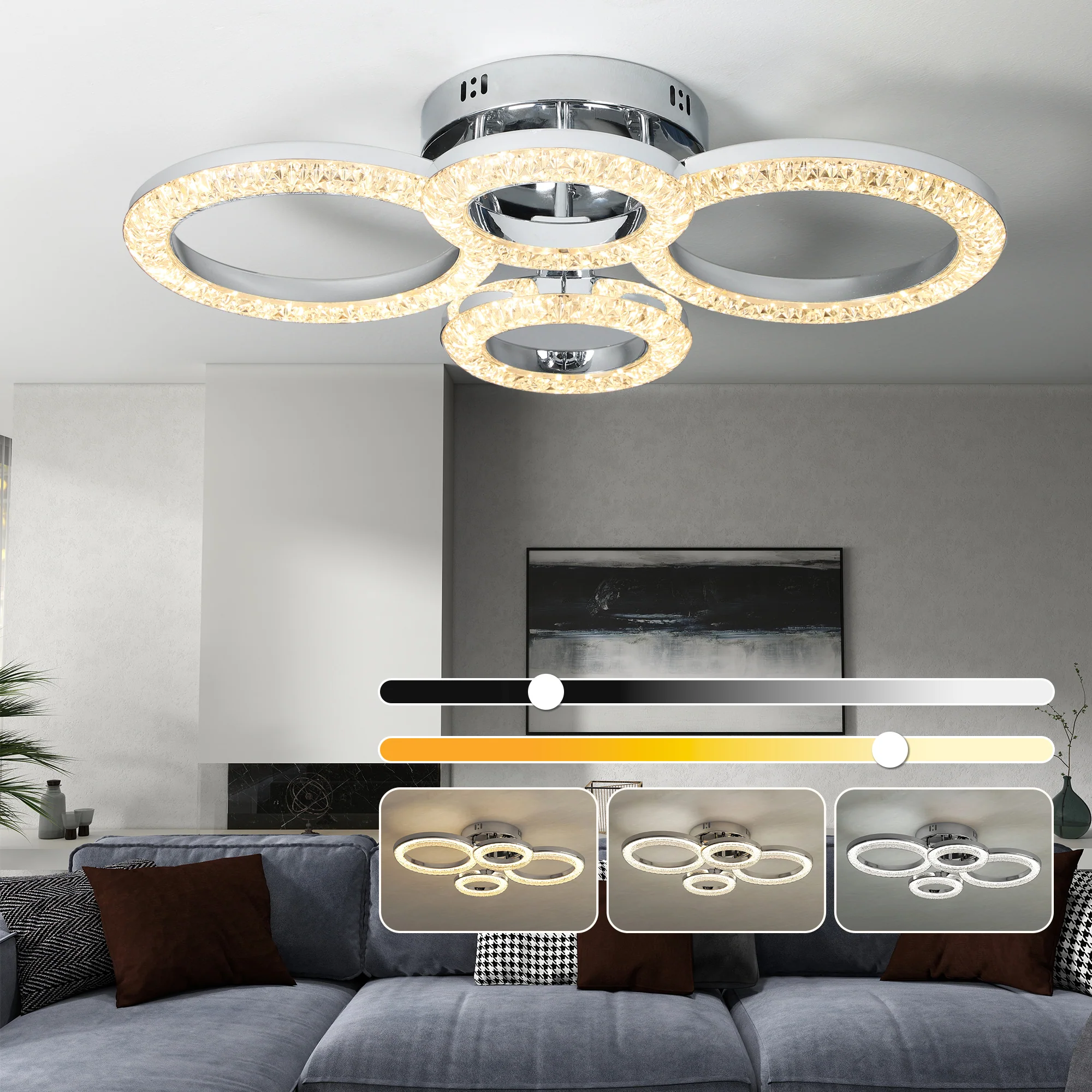 HOMCOM Modern 4-Ring Flush Mount Ceiling Light, LED Ceiling Light, Silver