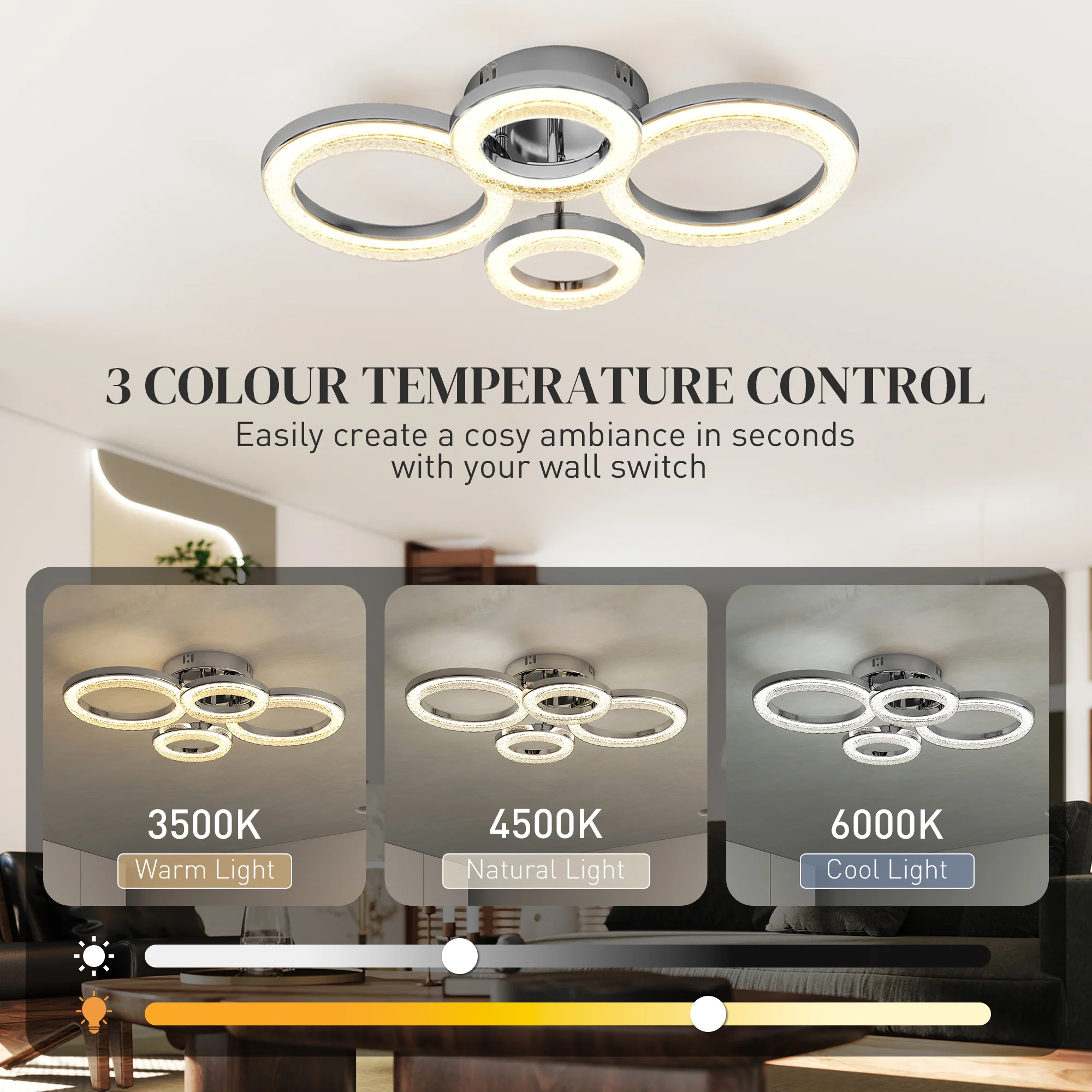 HOMCOM Modern 4-Ring Flush Mount Ceiling Light, LED Ceiling Light, Silver - Image 3