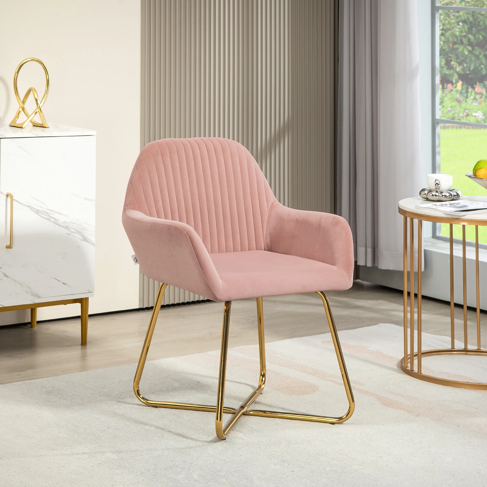 HOMCOM Modern Accent Chair Velvet-Touch Upholstered Armchair Pink/Cream - Image 2