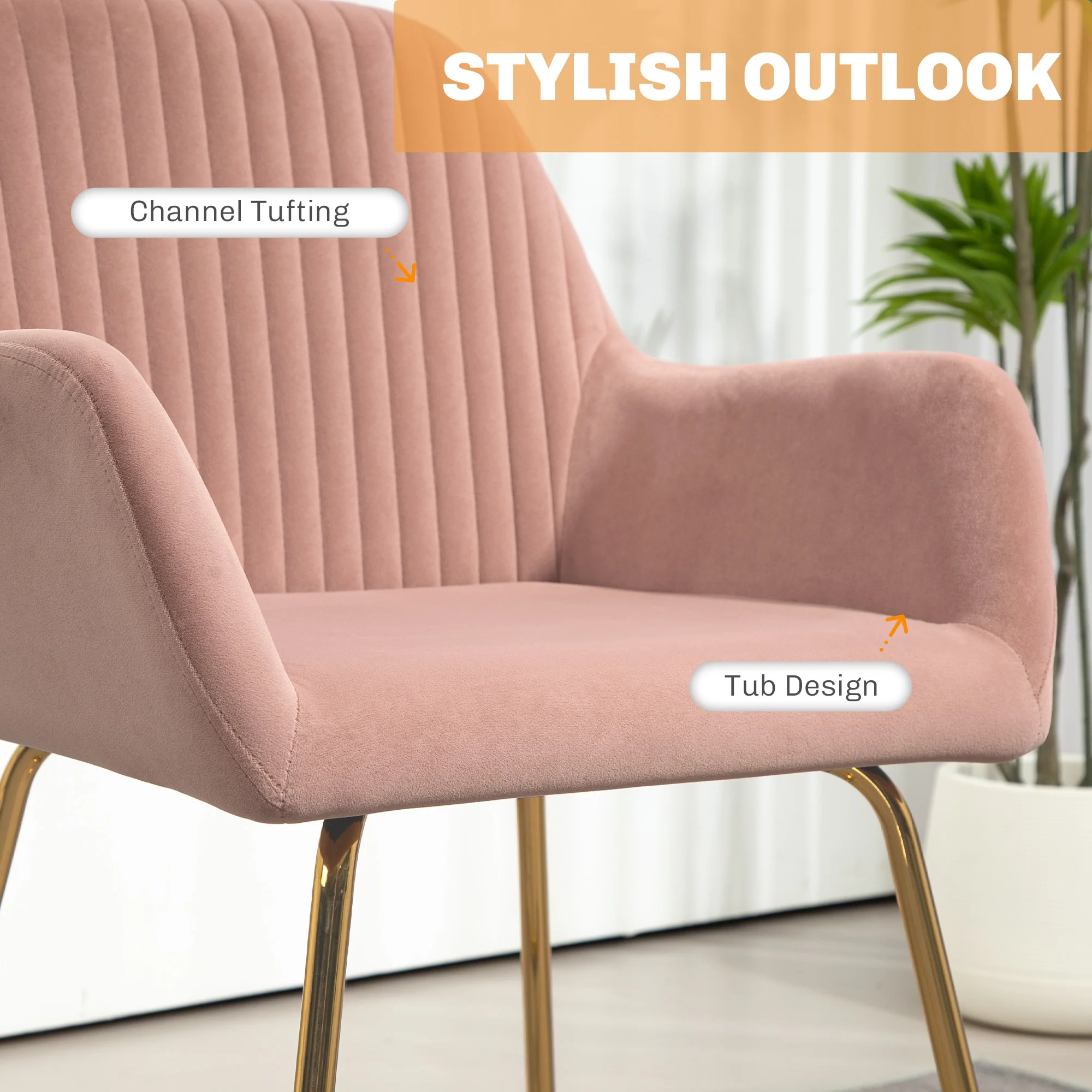 HOMCOM Modern Accent Chair Velvet-Touch Upholstered Armchair Pink/Cream - Image 3