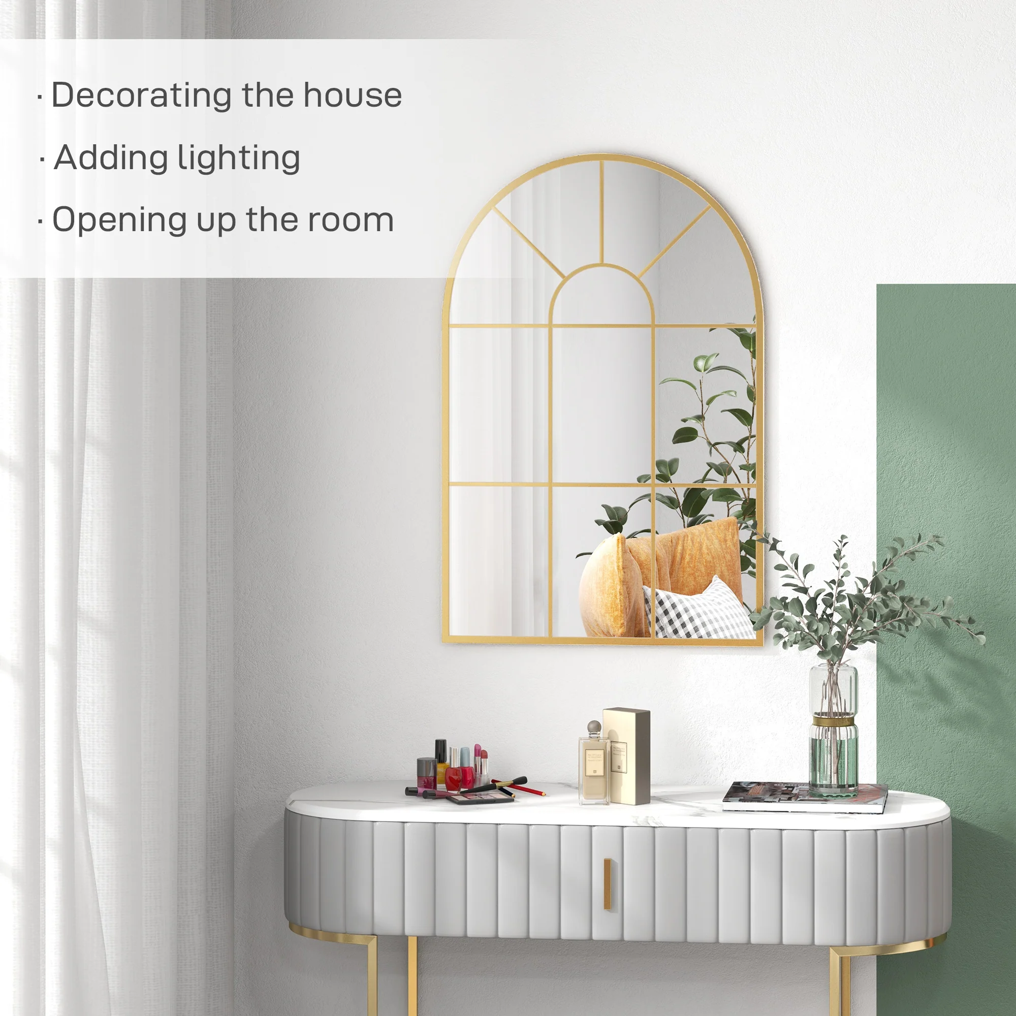 HOMCOM Modern Arched Window Wall Mirror for Bedroom, 91x60cm, Gold Tone - Image 3