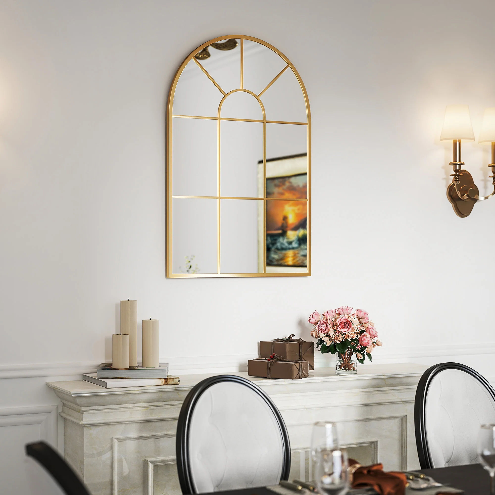 HOMCOM Modern Arched Window Wall Mirror for Bedroom, 91x60cm, Gold Tone - Image 6