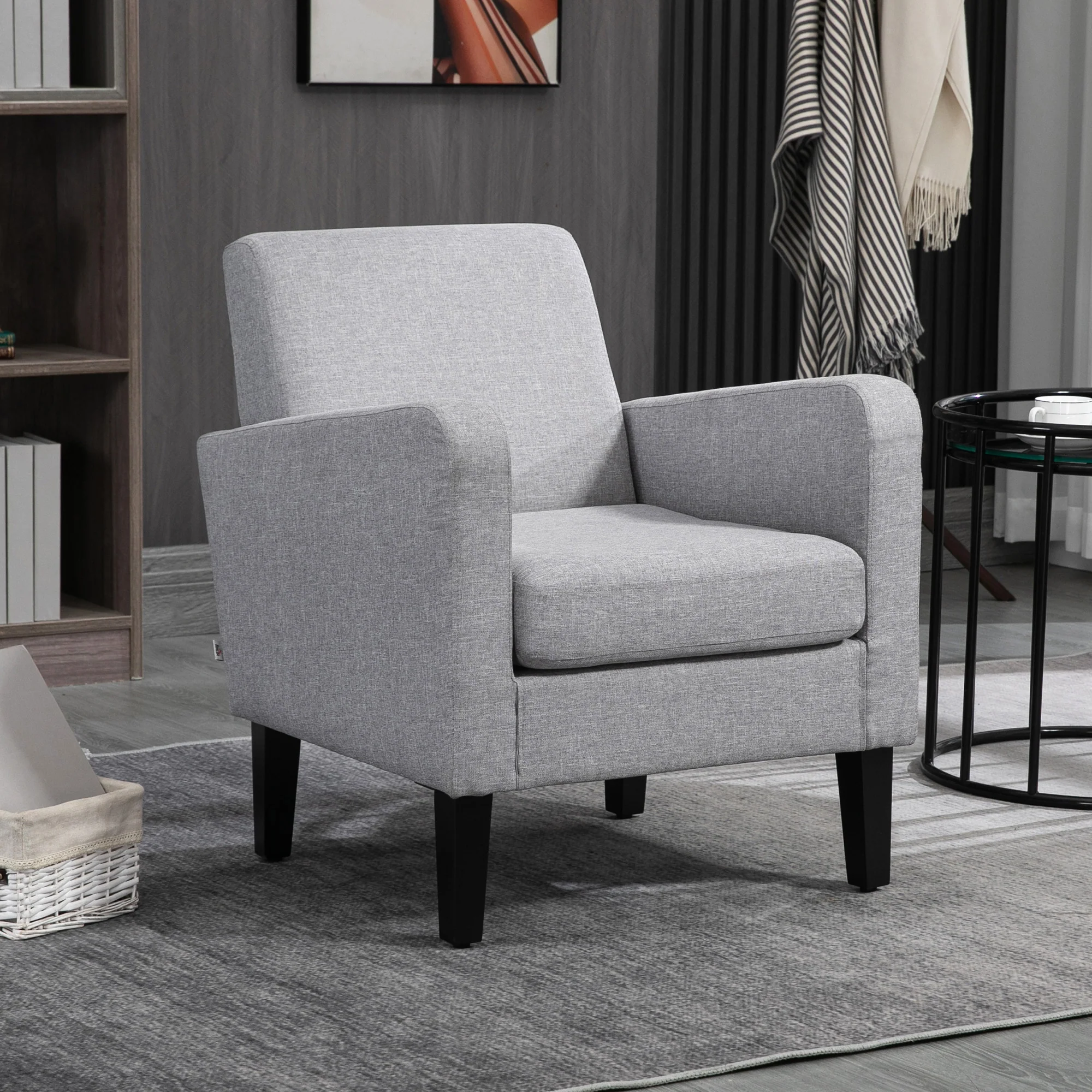 HOMCOM Modern Armchair Accent Chair with Rubber Wood Legs for Bedroom Light Grey - Image 2