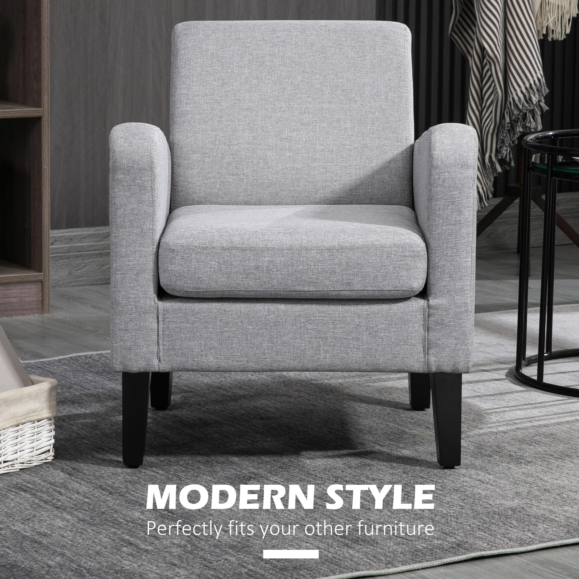 HOMCOM Modern Armchair Accent Chair with Rubber Wood Legs for Bedroom Light Grey - Image 3