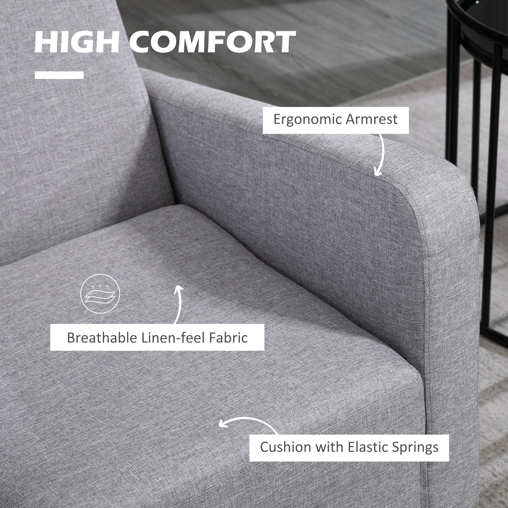 HOMCOM Modern Armchair Accent Chair with Rubber Wood Legs for Bedroom Light Grey - Image 4